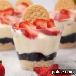 Red White and Blue Celebration Cups 7 Red, white, and blue parfaits in plastic cups topped with sliced strawberries and a sandwich cookie.