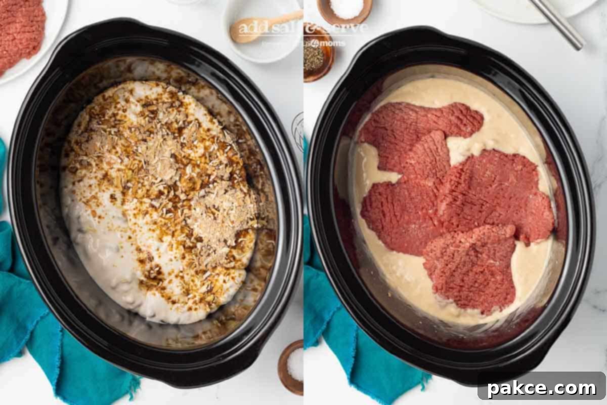 Slow Cooker Creamy Mushroom Cube Steak 4 Left side is cream of mushroom soup and Lipton dry onion soup mix in a crock pot before mixing; right side is after mixing and adding the cube steak to the crock pot.