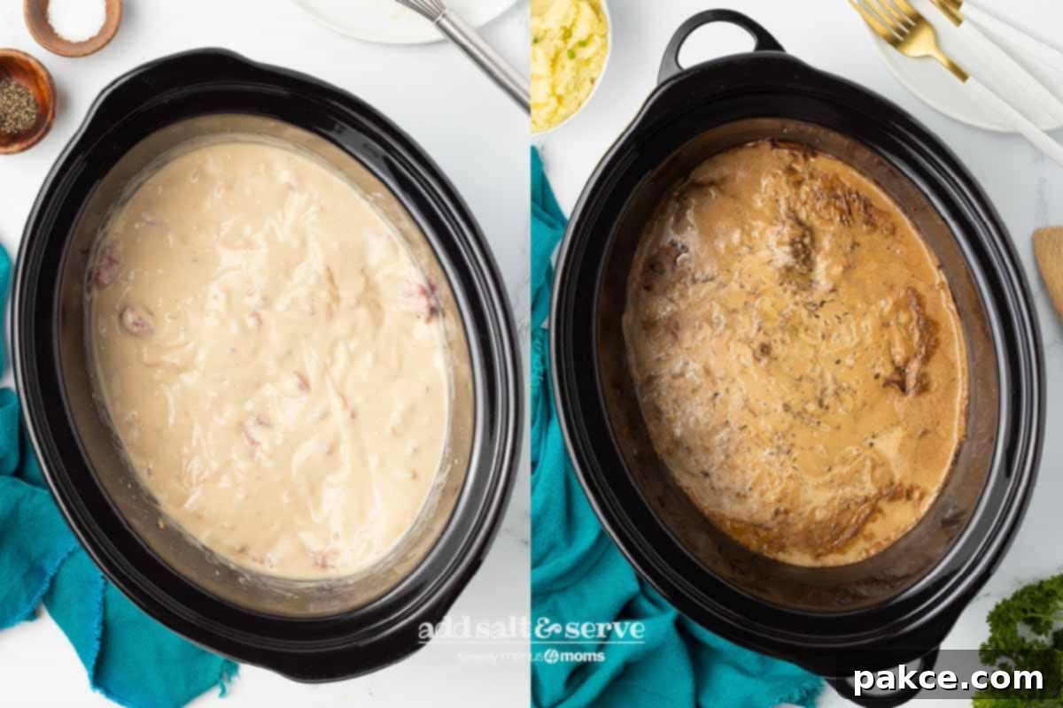 Slow Cooker Creamy Mushroom Cube Steak 5 Left side - cube steak in a gravy of cream of mushroom soup, Lipton dry onion soup mix, and water before cooking; right side is after cooking.