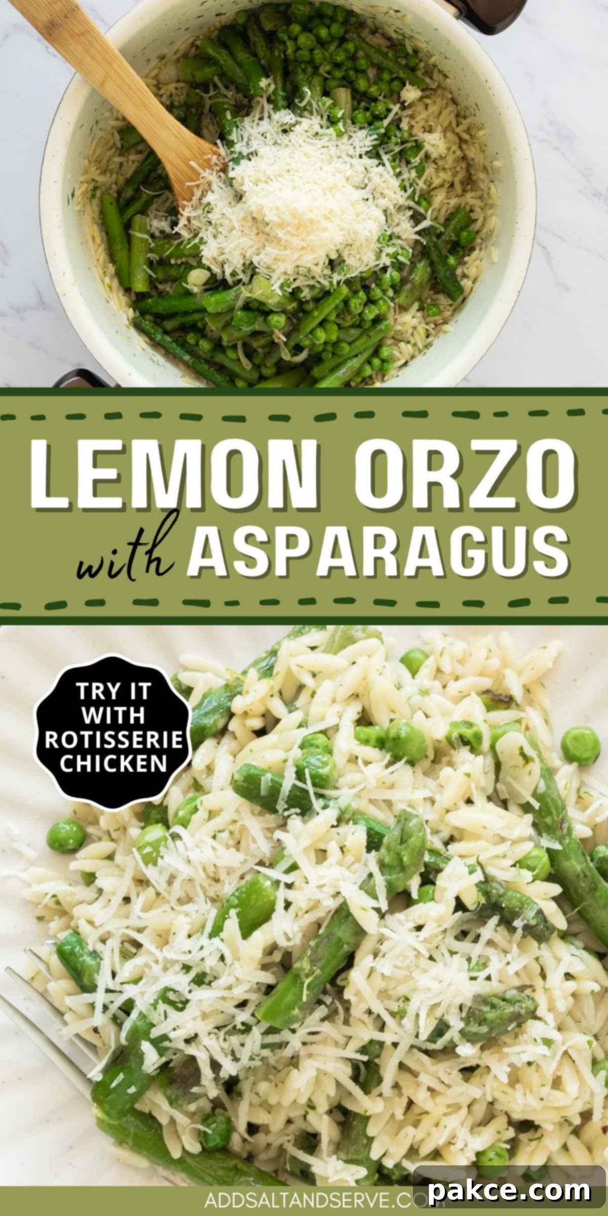 Zesty Orzo Pasta with Spring Greens and Parmesan 7 Composite image with a Dutch oven containing cooked orzo, pieces of asparagus, peas, and Parmesan cheese before mixing; Plate of orzo with peas and asparagus garnished with grated Parmesan cheese with text Lemon orzo with asparagus - try it with rotisserie chicken. Optimized for Pinterest with description.