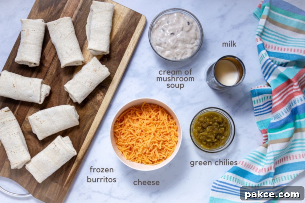 Effortless 5-Ingredient Frozen Burrito Casserole 3 Ingredients for frozen burrito casserole: frozen burritos, condensed cream of mushroom soup, milk, green chilies, and shredded cheddar cheese.