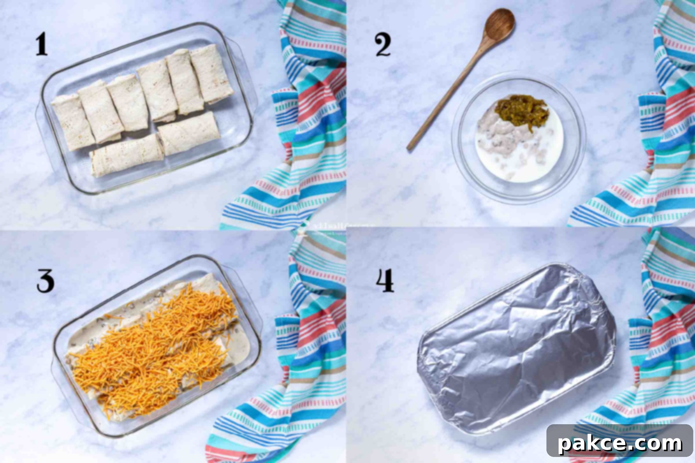 Effortless 5-Ingredient Frozen Burrito Casserole 4 Composite image: 1 - Frozen burritos in a glass baking dish 2 - Sauce for frozen burrito casserole in a bowl: condensed cream of mushroom soup, milk, and green chilies, 3- Frozen burritos covered in green chili and mushroom sauce and topped with shredded cheddar cheese, 4- baking pan covered with aluminum foil.