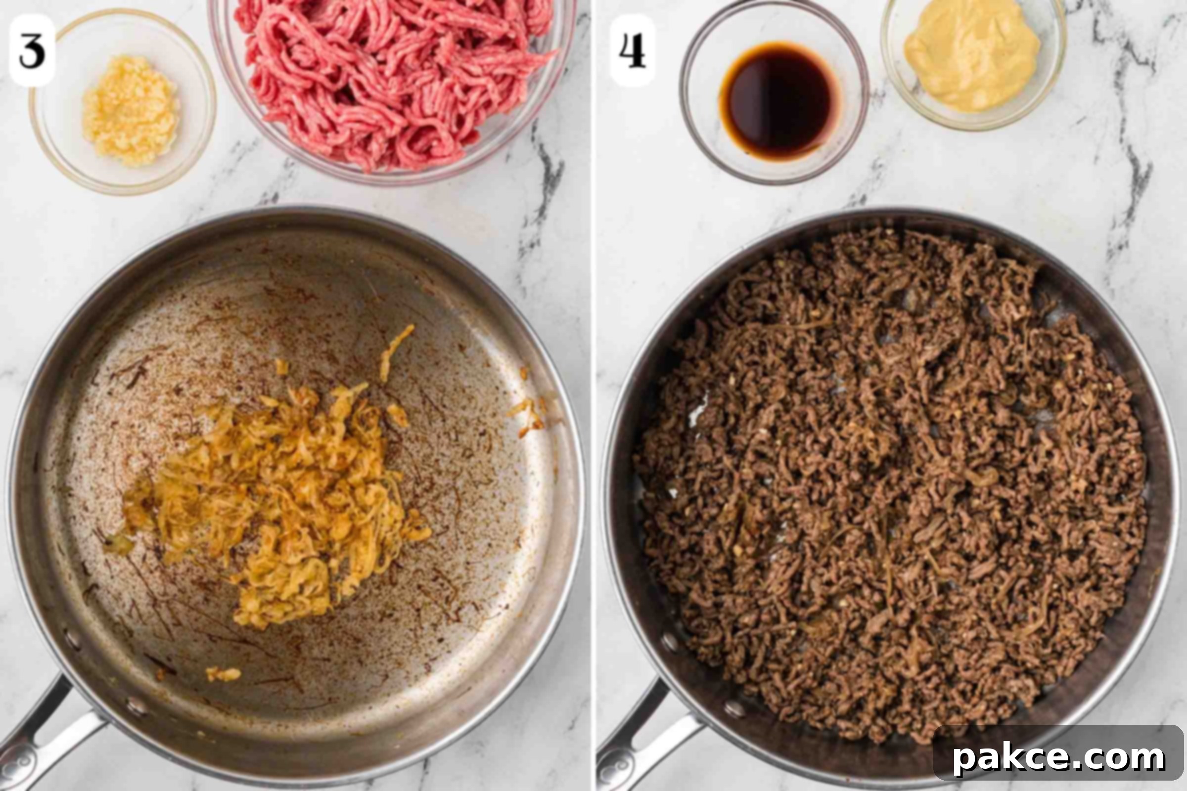 Quick and Creamy One-Pot Ground Beef Stroganoff 5 Composite image: 3- Skillet with sautéed onions that are golden brown and tender beside bowls with minced garlic and ground beef; 4 - same skillet after adding and cooking the ground beef and garlic with bowls of Worcestershire sauce and Dijon mustard beside the pan.