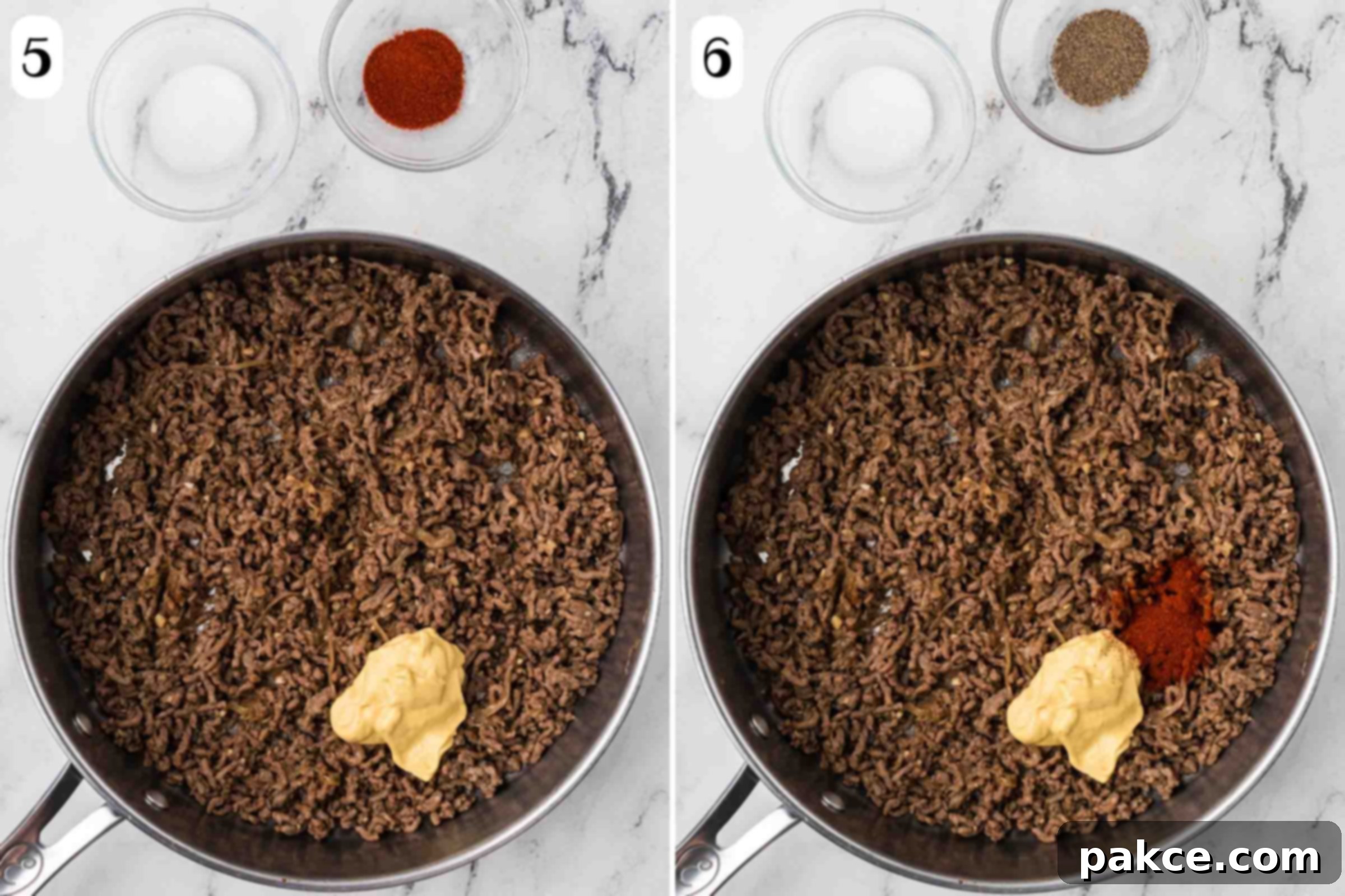 Quick and Creamy One-Pot Ground Beef Stroganoff 6 Composite image: 5 - Skillet with cooked ground beef, garlic, and onions, with dijon mustard added beside bowls of salt and smoked paprika; 6 same skillet after adding smoked paprika beside bowls of salt and pepper.