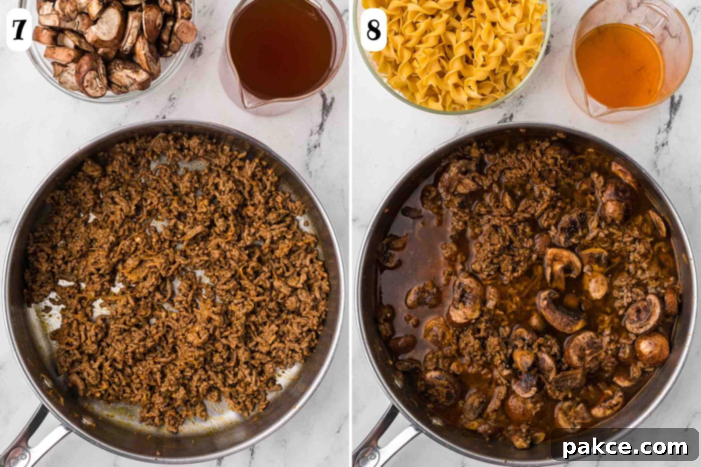 Quick and Creamy One-Pot Ground Beef Stroganoff 7 Composite photo: 7- skillet with cooked ground beef beside beef broth and sliced mushrooms; 8- same beside egg noodles and empty measuring cup after adding mushrooms, and broth.