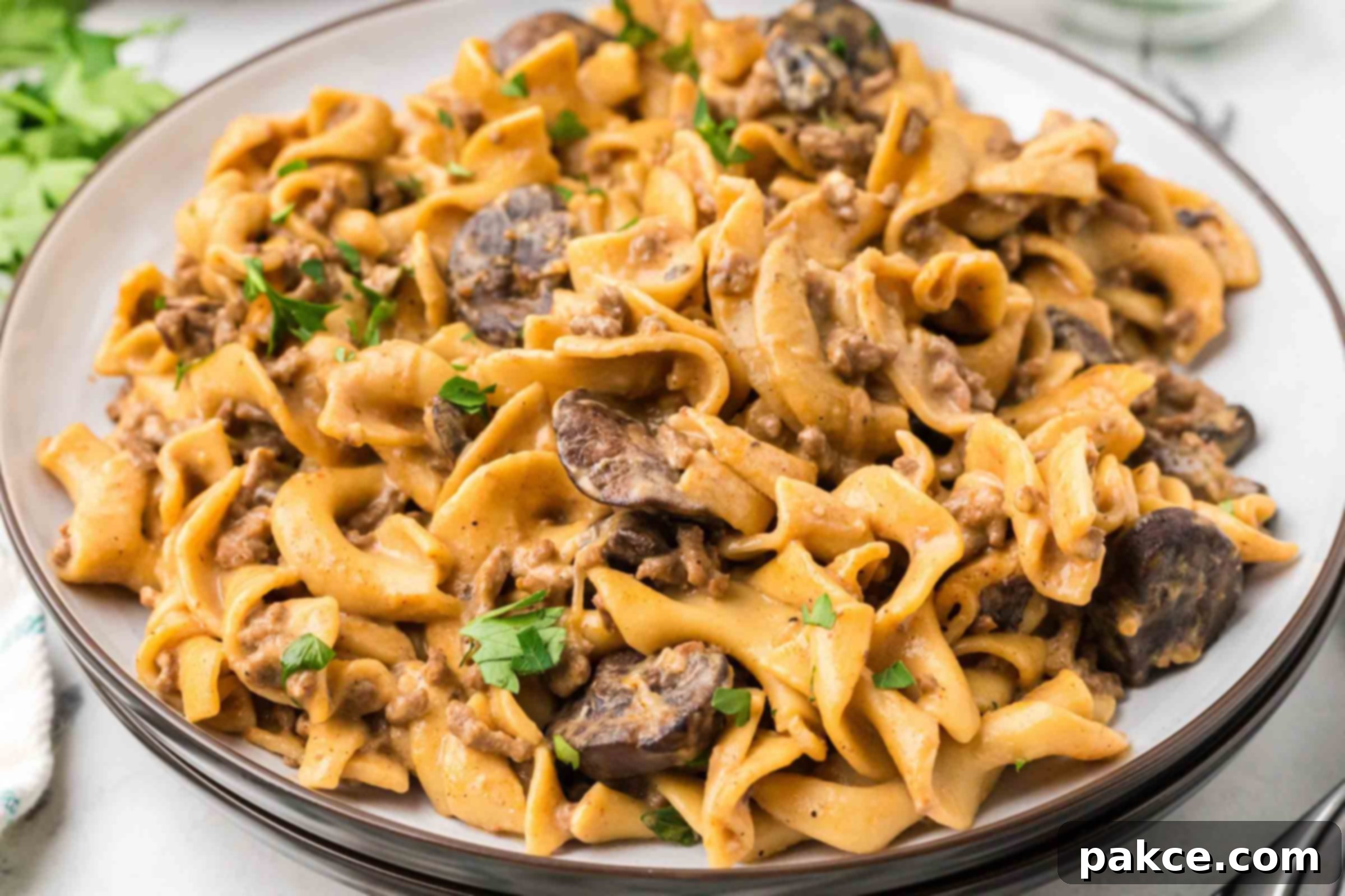 Quick and Creamy One-Pot Ground Beef Stroganoff 10 A plate with egg noodles, sliced mushrooms, and ground beef in a sauce garnished with chopped parsley.