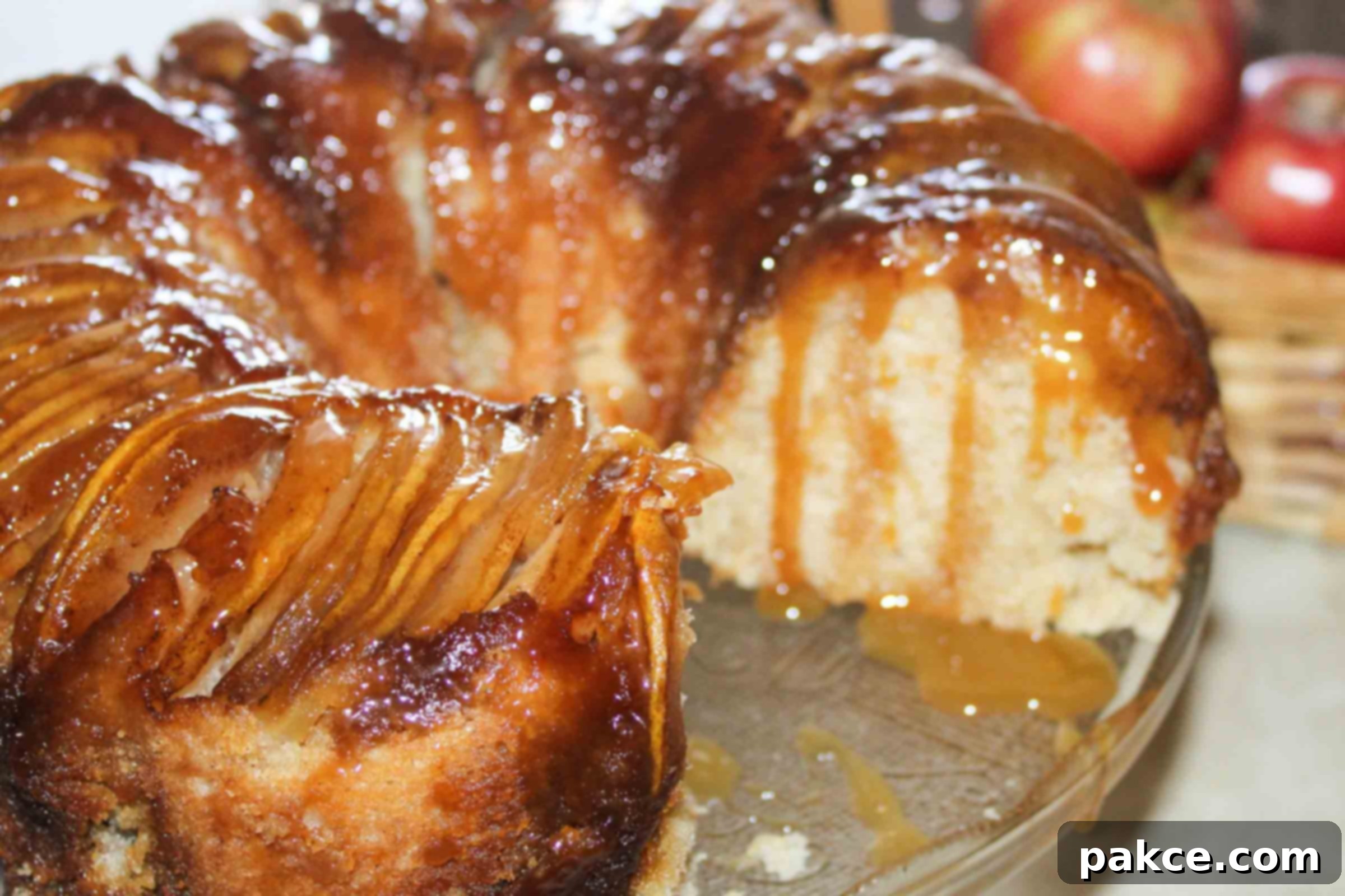 A stunning Caramel Apple Upside Down Bundt Cake with a slice already removed, showcasing the tender apple layers and a luscious caramel sauce dripping down its sides. It sits on a white cake stand, inviting you to indulge in its autumnal charm.