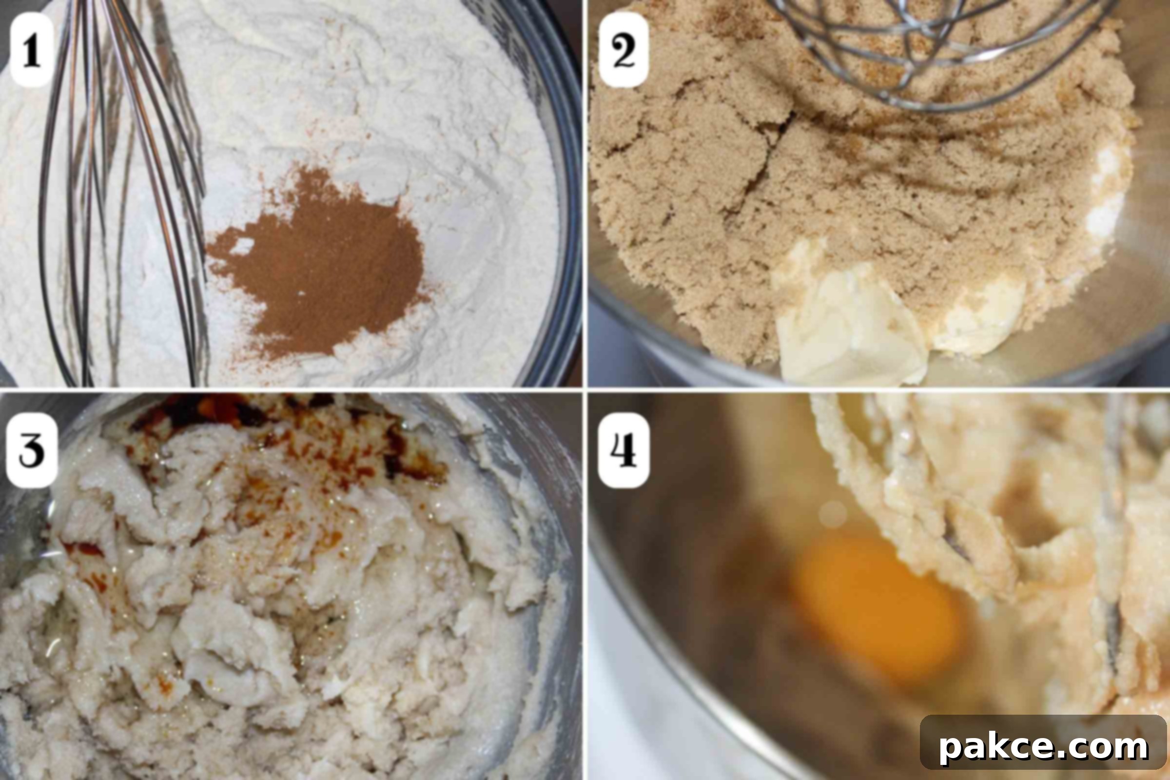 Caramelized Apple Bundt Inversion 4 A composite image showing the initial steps of preparing the bundt cake batter: 1- Sifting cinnamon, baking powder, and baking soda into a bowl of all-purpose flour; 2- Softened butter and light brown sugar creaming in a stand mixer; 3- Creamed butter and sugar with added vegetable oil and vanilla extract; 4- The mixture after a single egg has been incorporated, ready for the next egg.