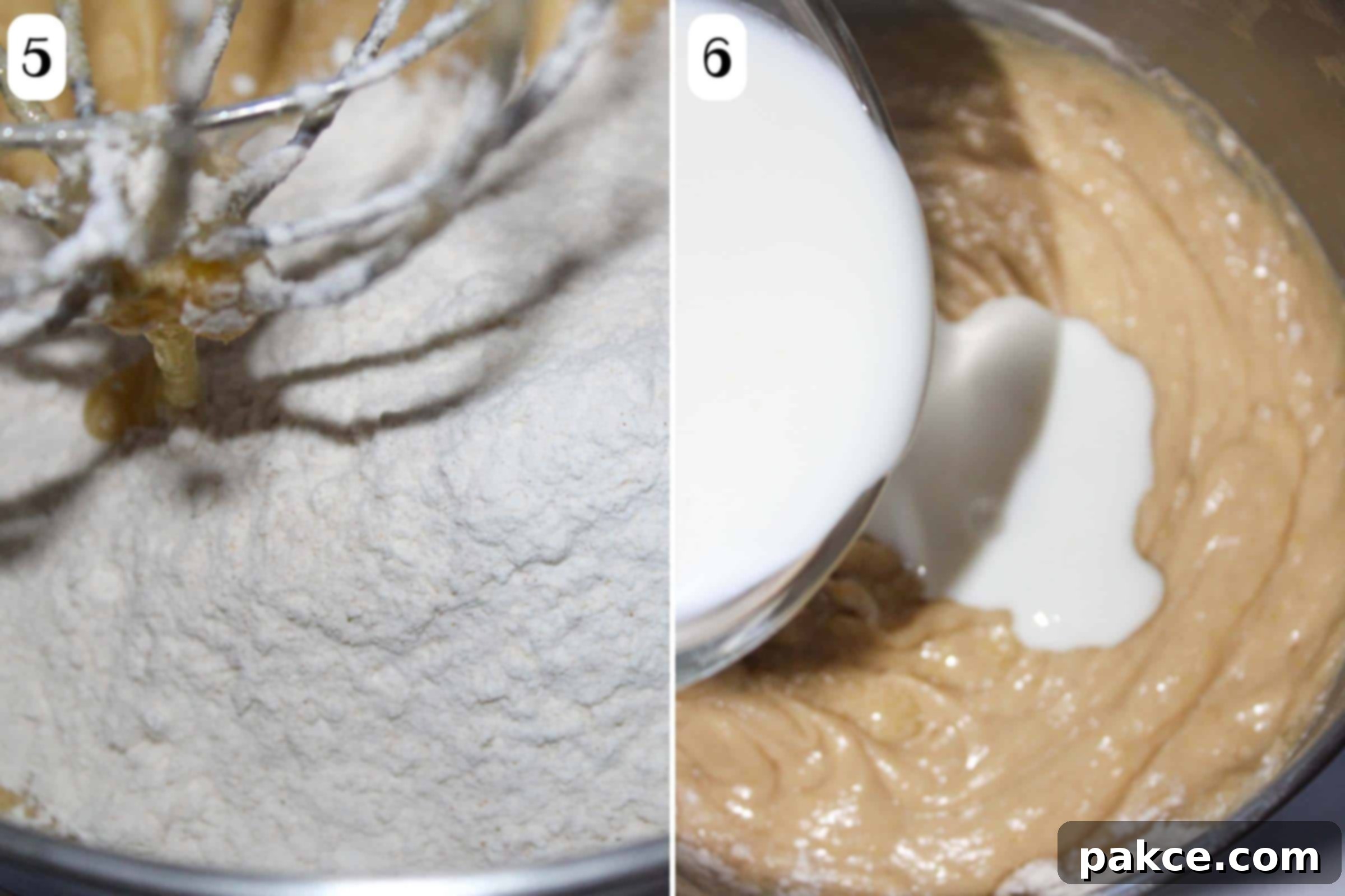 Caramelized Apple Bundt Inversion 5 A composite image displaying further steps of mixing the bundt cake batter: 5- Gradually adding the flour mixture to the creamed butter and sugar; 6- Pouring buttermilk into the partially mixed butter, sugar, and flour combination to complete the batter.