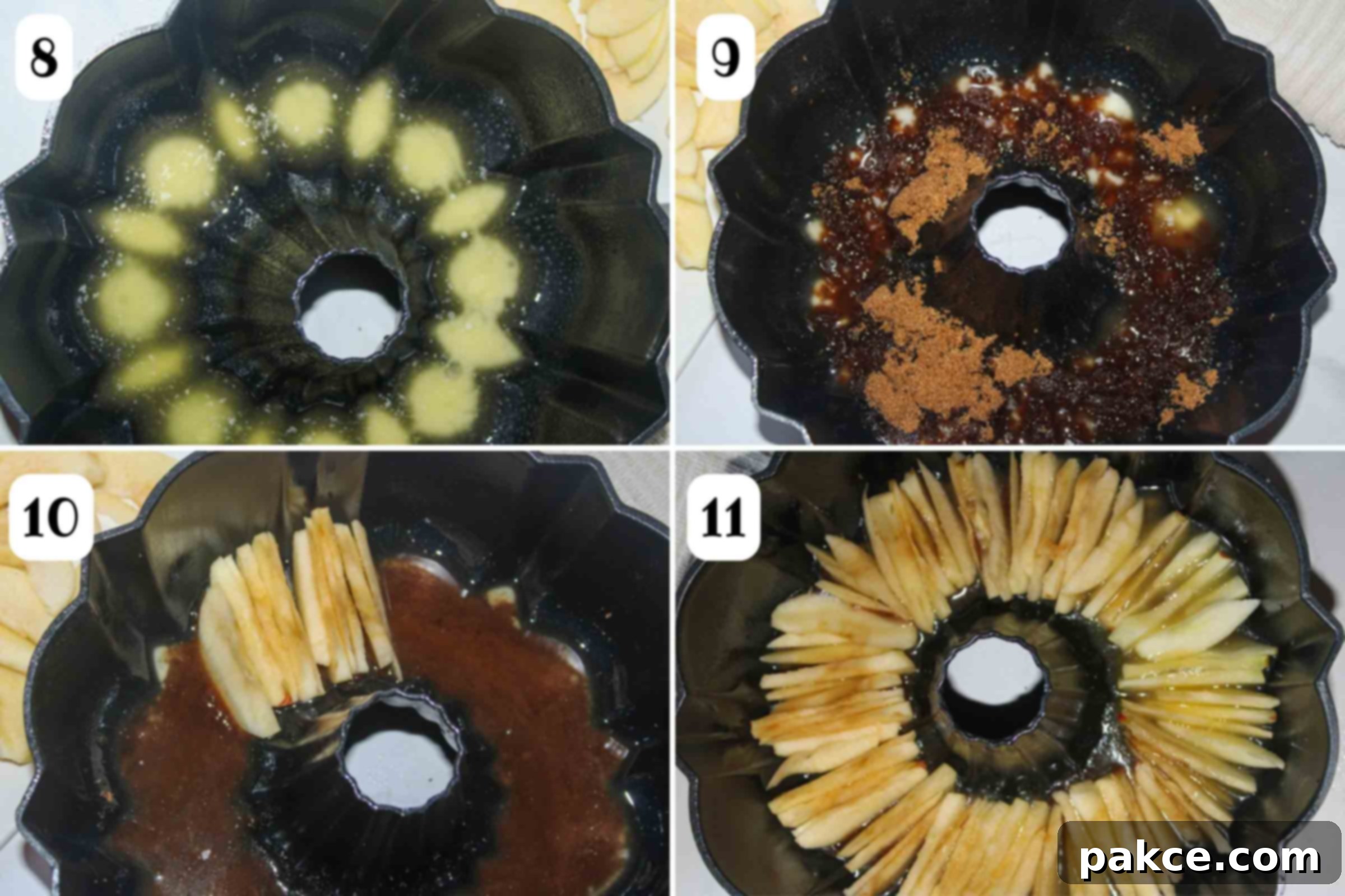 Caramelized Apple Bundt Inversion 7 A composite image showing the preparation of the apple layer in the bundt pan: 8- Melted butter is poured into a well-greased bundt pan; 9- Dark brown sugar is then added over the melted butter; 10- Sliced apples are carefully being arranged side by side in the pan; 11- The bundt pan fully lined with thinly sliced apples, ready for the cake batter.