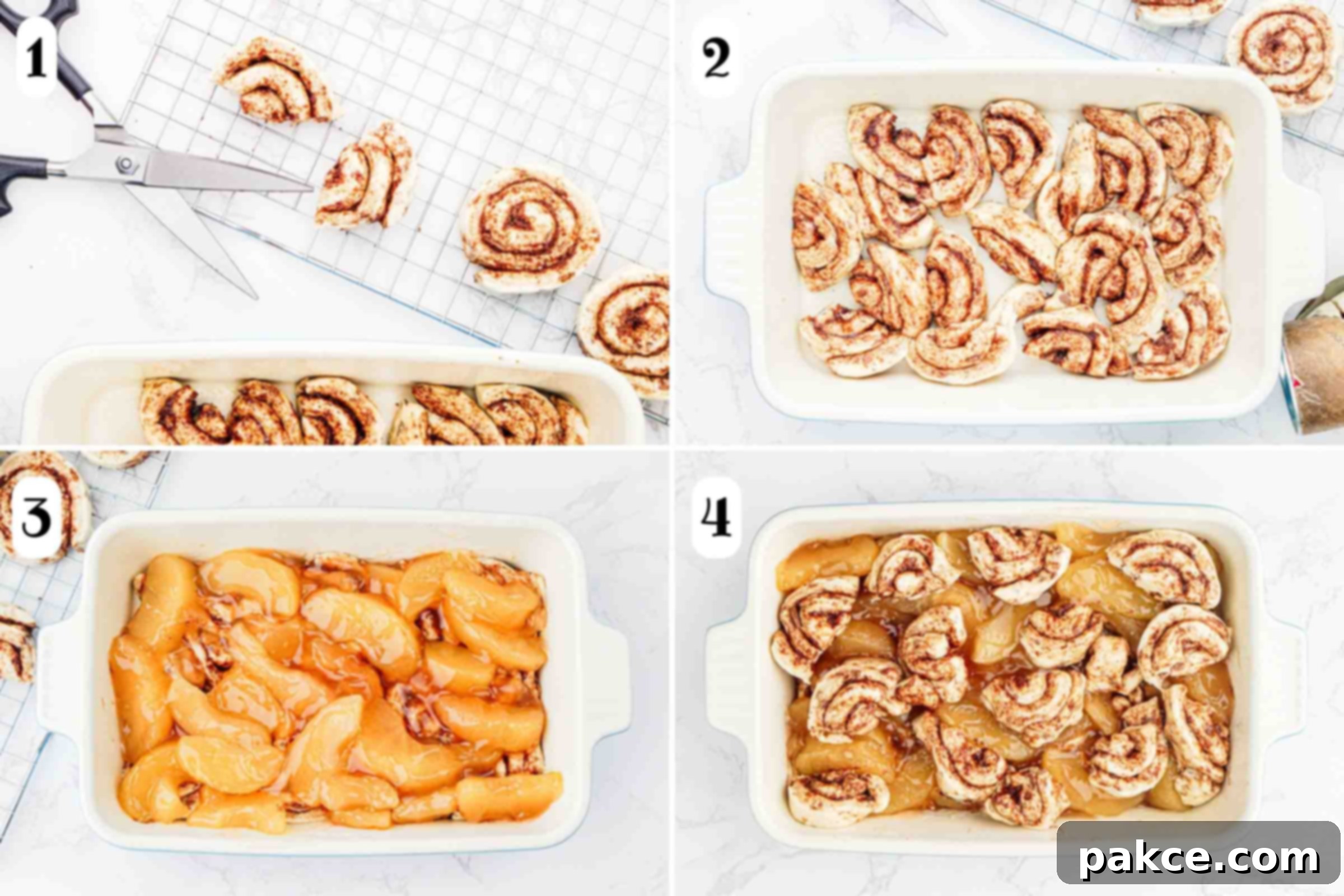 A four-panel composite image showing the steps: 1- cutting cinnamon rolls in half, 2- placing half the rolls in a baking pan, 3- adding apple pie filling over the rolls, 4- layering with remaining cinnamon rolls.