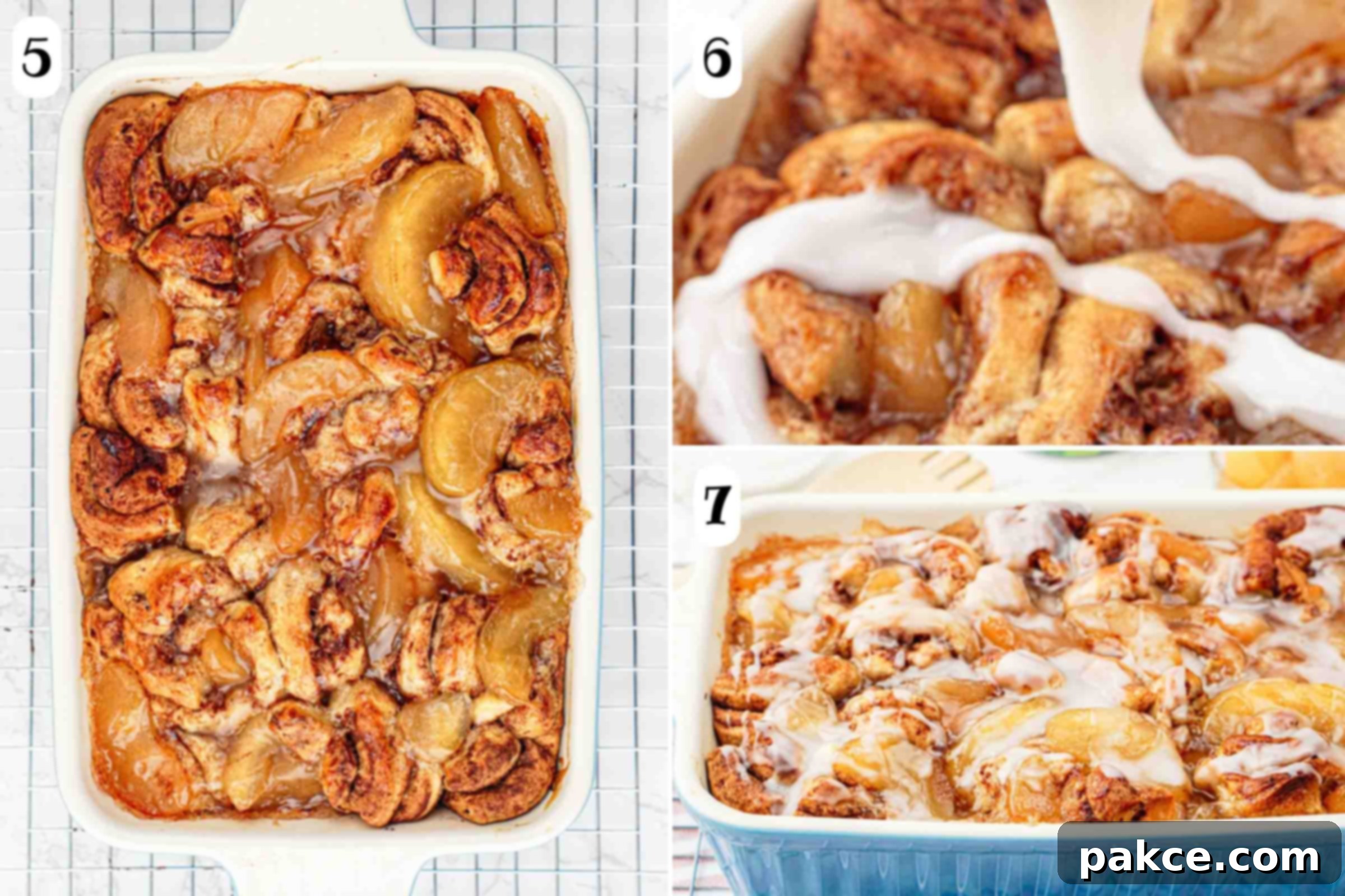 A three-panel composite image: 5- baked apple cinnamon roll casserole, 6- drizzling white glaze, 7- finished bake with glaze.