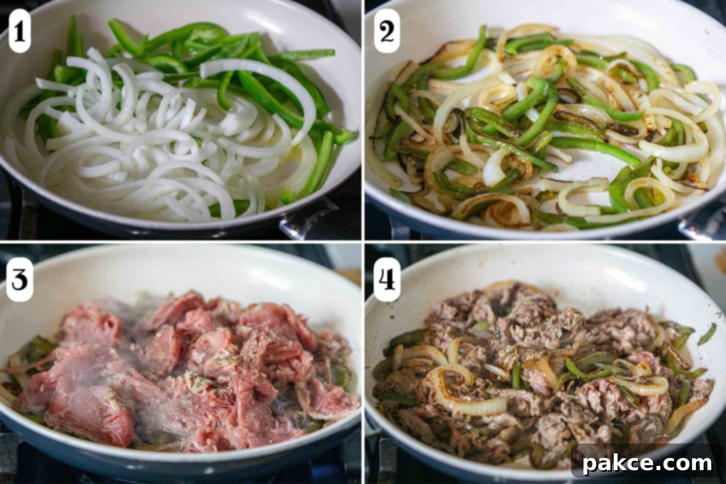 Composite image showing the process of cooking the Philly cheesesteak slider filling: 1-sliced onion and green bell pepper in a pan with melted butter; 2- vegetables sautéing until browned; 3- shaved beef steak added; 4- beef cooked through and mixed with vegetables.