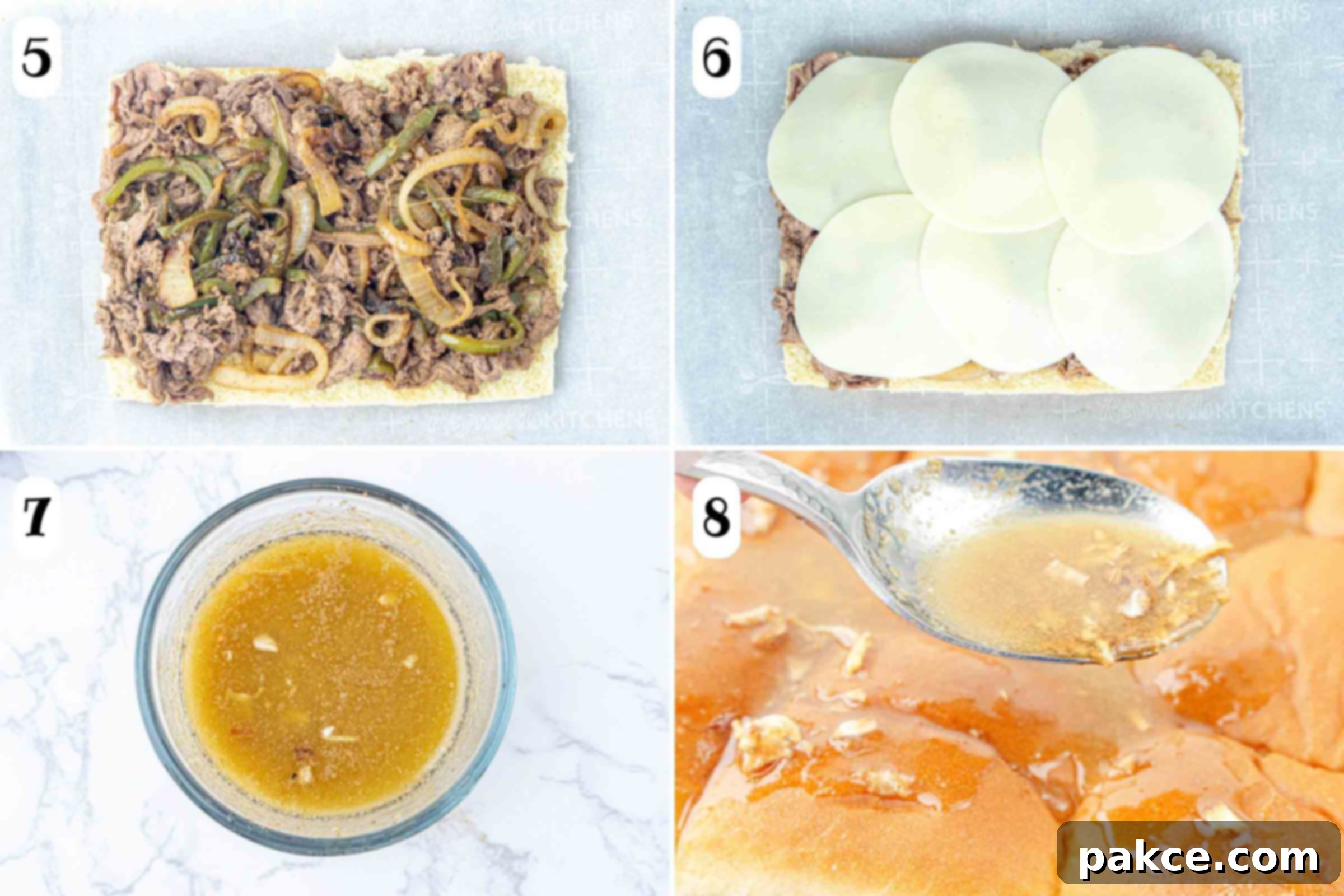 Composite image showing assembly of Philly cheesesteak sliders: 5- cooked beef, onions, and peppers spread over the bottom half of Hawaiian rolls; 6- provolone cheese slices arranged on top of the meat; 7- bowl with melted butter and onion soup mix; 8- butter mixture being spooned onto the tops of the rolls.