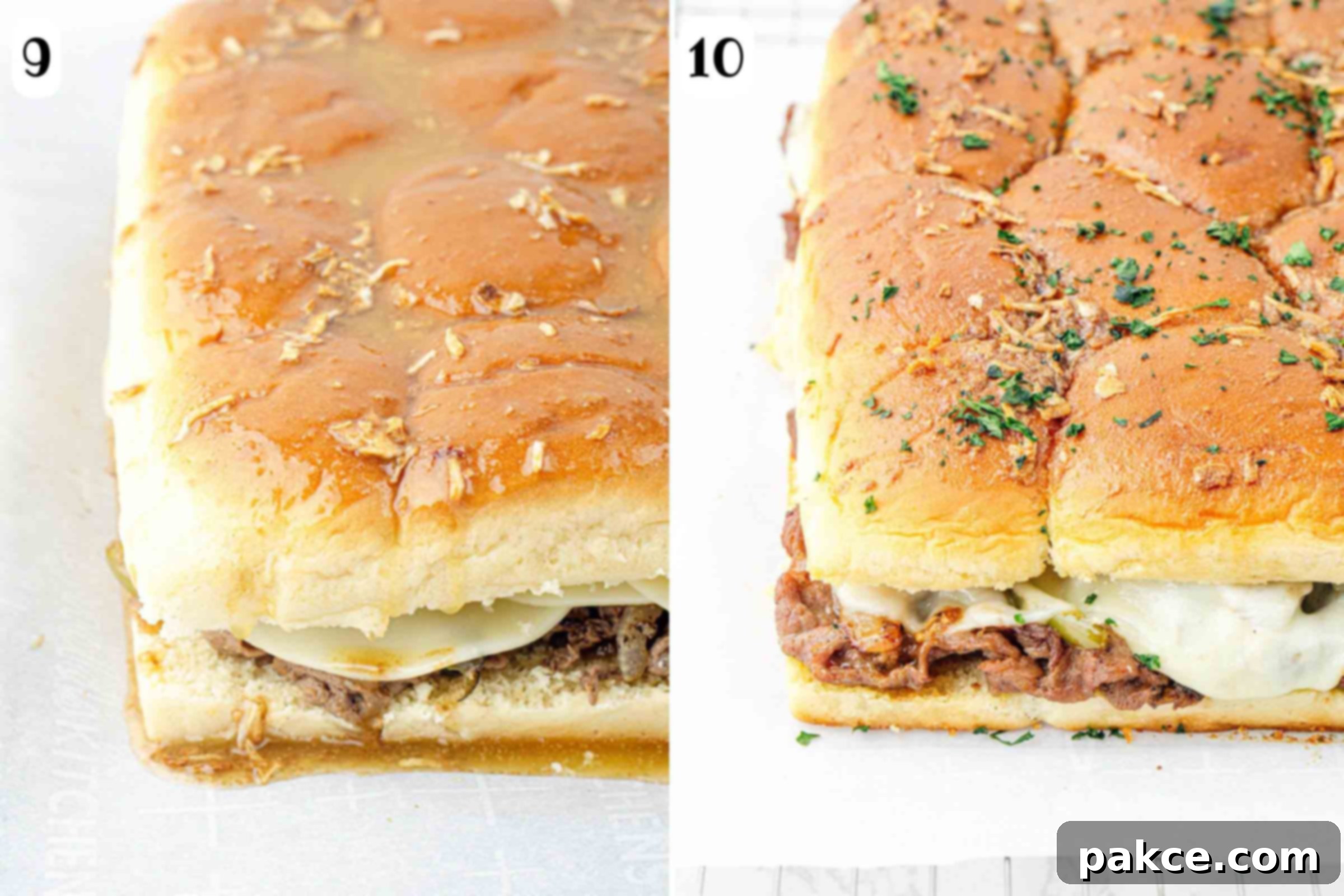 Composite image: 9- Philly cheesesteak sliders topped with butter and onion soup mixture before baking; 10- same after baking and garnished with fresh parsley.