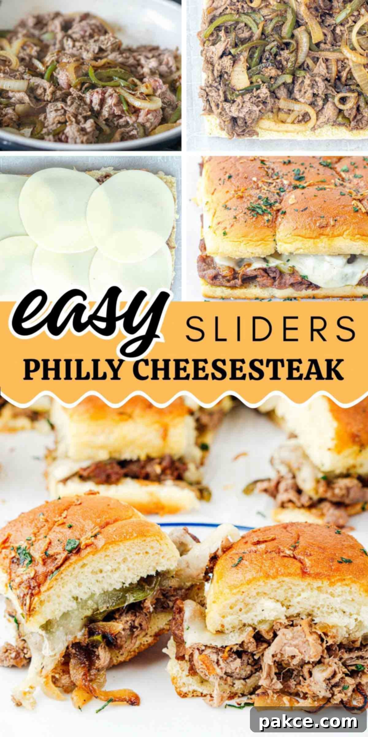 Composite image with prep photos for easy cheesesteak sliders, perfect for Pinterest.