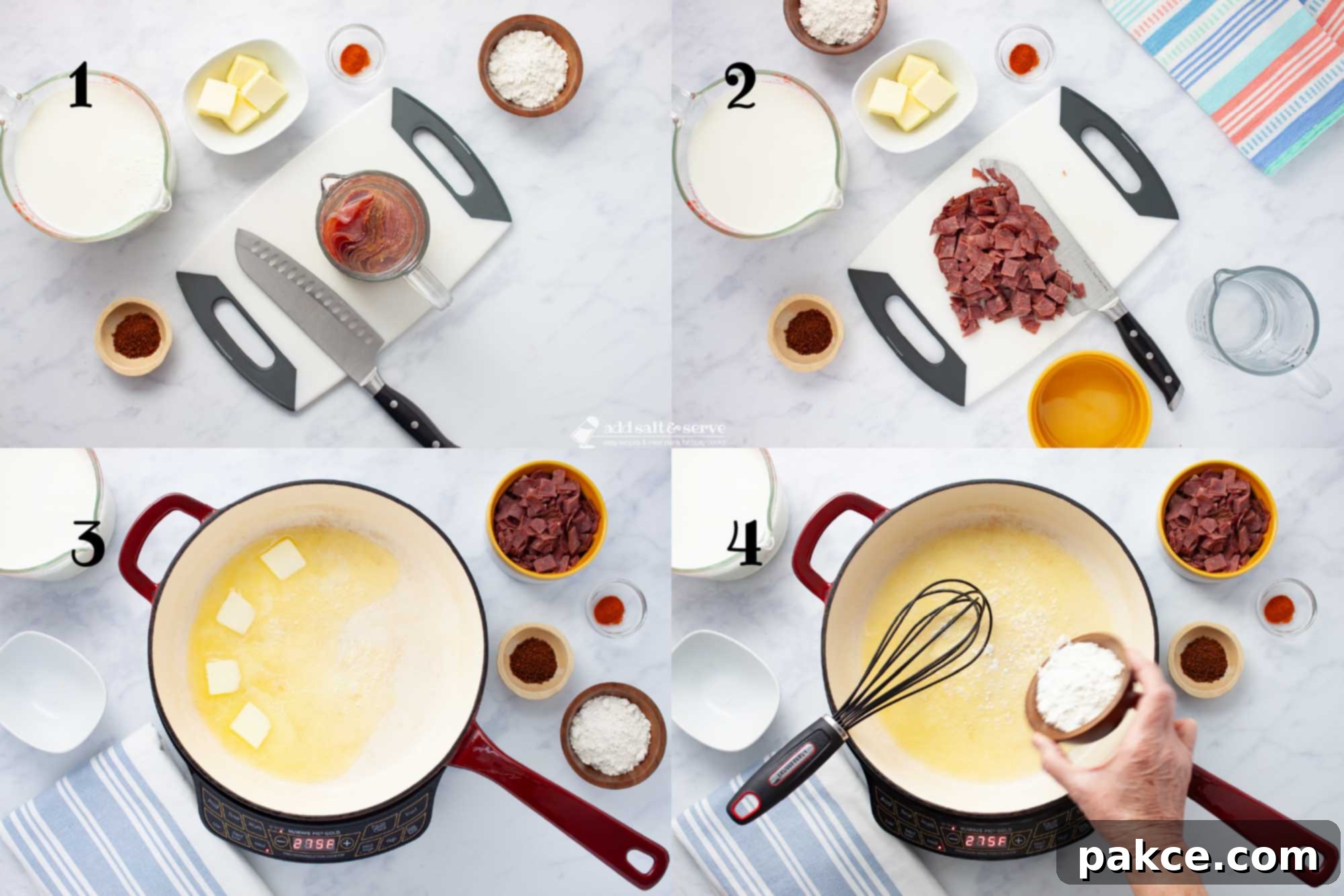 Hearty Chipped Beef Gravy 4 Composite image showing the initial steps of making creamy chipped beef gravy: 1. Dried beef soaking in water, other ingredients laid out. 2. Chopped dried beef on a cutting board. 3. Melted butter in a skillet. 4. Flour being whisked into melted butter to form a roux.