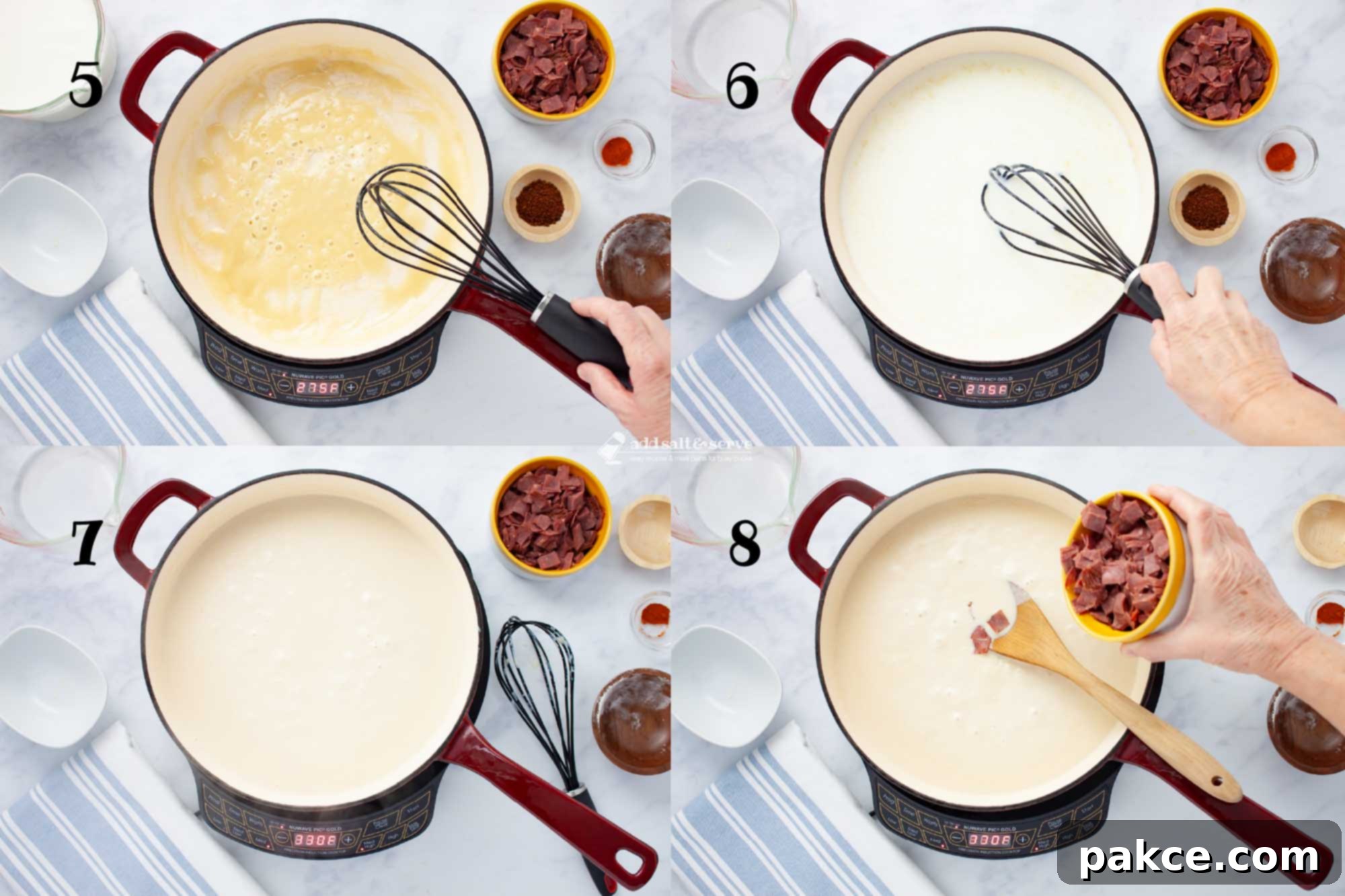 Hearty Chipped Beef Gravy 5 Composite image showing the advanced steps of making creamy chipped beef gravy: 5. Roux bubbling in a skillet. 6. Milk being added gradually to the roux while whisking. 7. Cream sauce simmering and thickening to perfection. 8. Chopped dried beef added to the finished cream sauce for a complete dish.