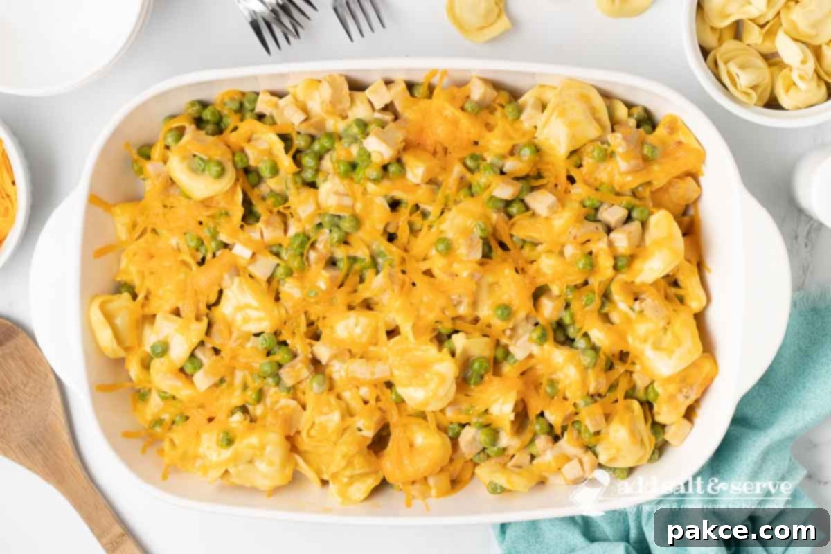 Creamy Turkey Tortellini Bake 8 Close-up of the freshly baked Leftover Turkey Tortellini Casserole, showcasing a golden brown, bubbly cheese topping and hearty filling of tortellini, turkey, and peas.