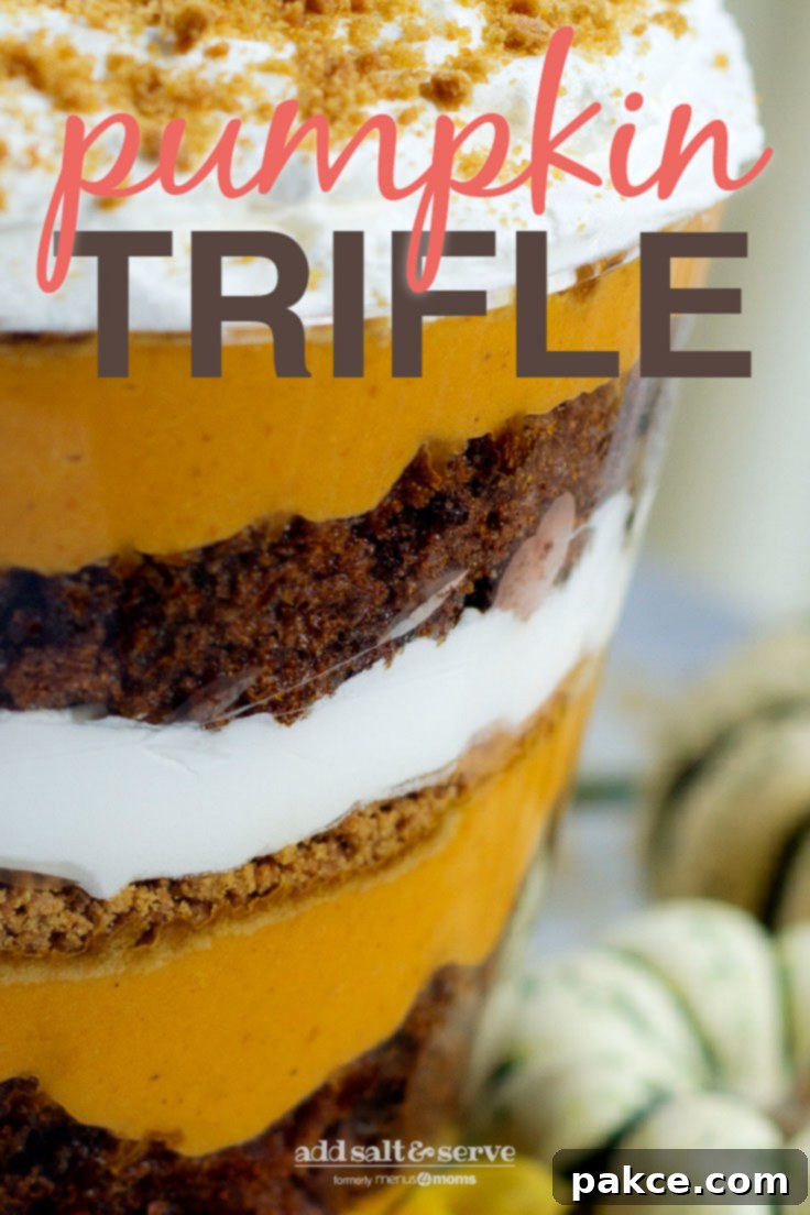 layers of pumpkin filling, crushed gingersnaps, crumbled gingerbread, and whipped cream in a trifle bowl with text pumpkin Trifle - Add Salt & Serve (formerly Menus4Moms)