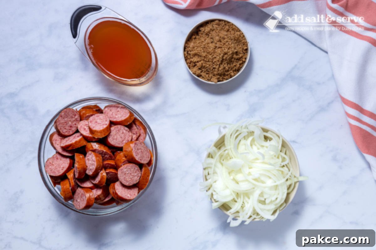 Brown Sugar Kielbasa Skillet 2 Ingredients for Brown Sugar Kielbasa laid out: sliced kielbasa, apple cider vinegar, a whole onion, and a bowl of brown sugar.