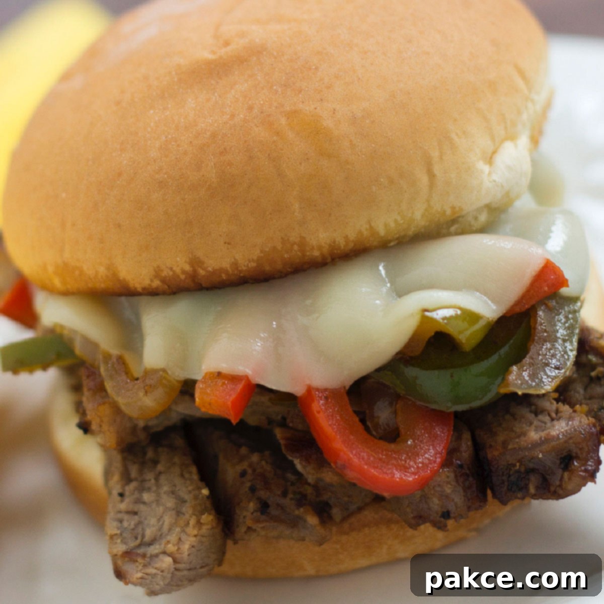 Close up photo of Steak Sandwich with Cheese and Peppers on a white plate