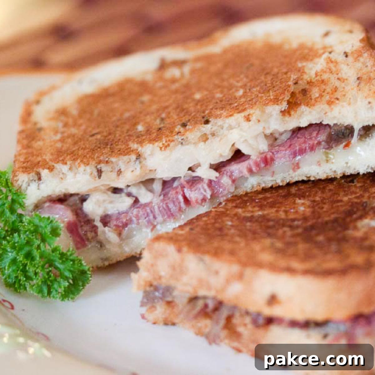 Two perfectly grilled Reuben sandwiches, sliced in half, showcasing layers of corned beef, Swiss cheese, sauerkraut, and Thousand Island dressing, served on a white plate.