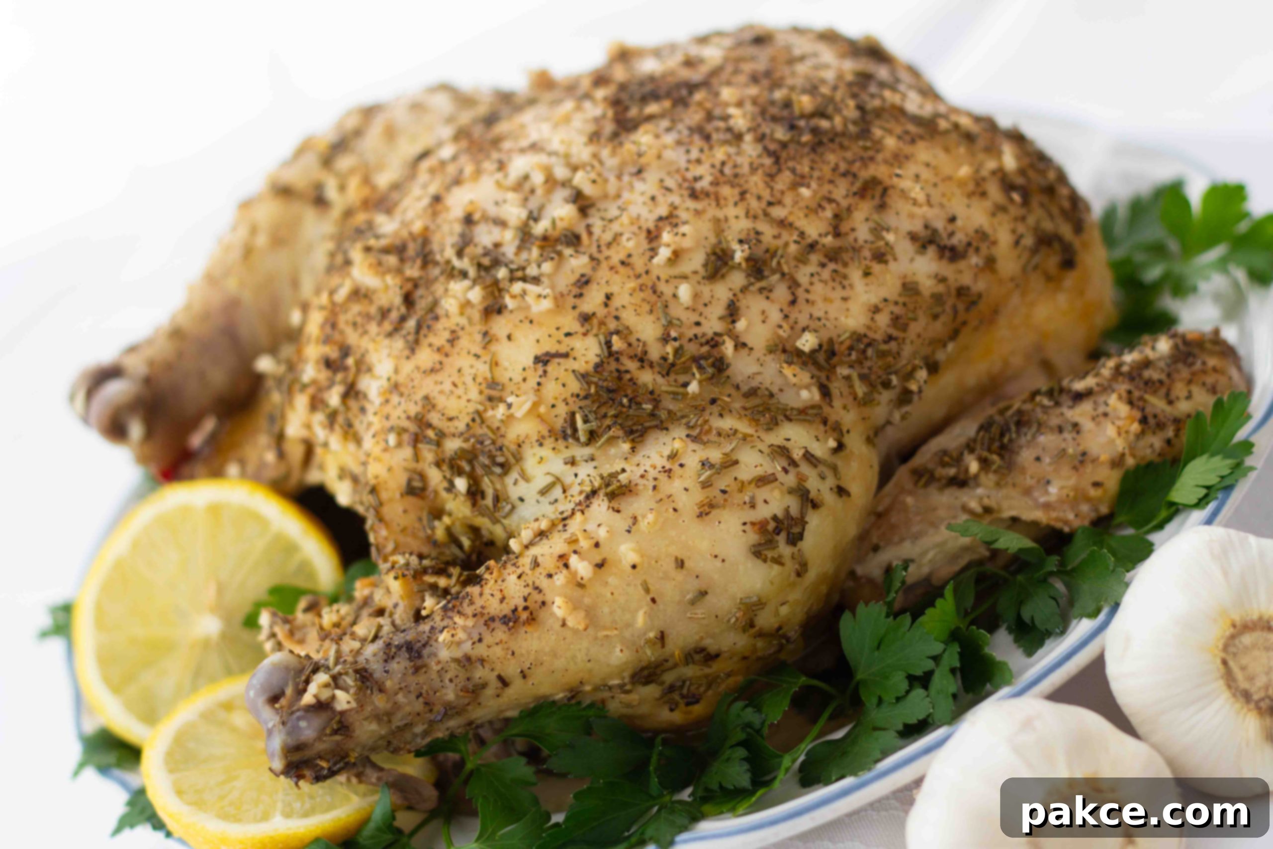 Whole roasted chicken with a dried rosemary and minced garlic rub on a white plate, garnished with lemon slices and parsley. There are two bulbs of garlic beside the plate in the bottom right corner.
