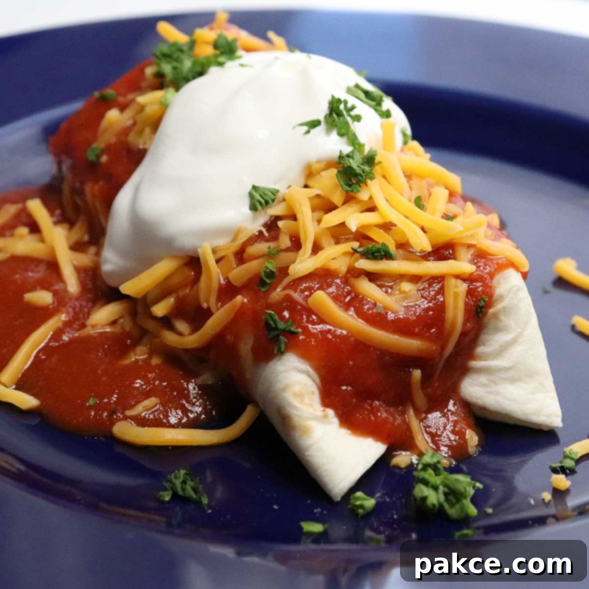 A delicious homemade burrito mojado topped with shredded cheddar cheese, a dollop of sour cream, and fresh chopped cilantro, ready to be enjoyed.