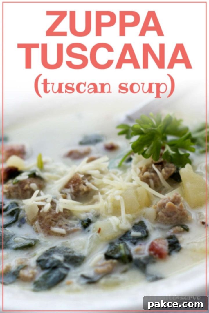 Bowl of soup with spinach, potatoes, bacon and cheese; text Zuppa Tuscana (Tuscan Soup) Add Salt & Serve formerly Menus4Moms