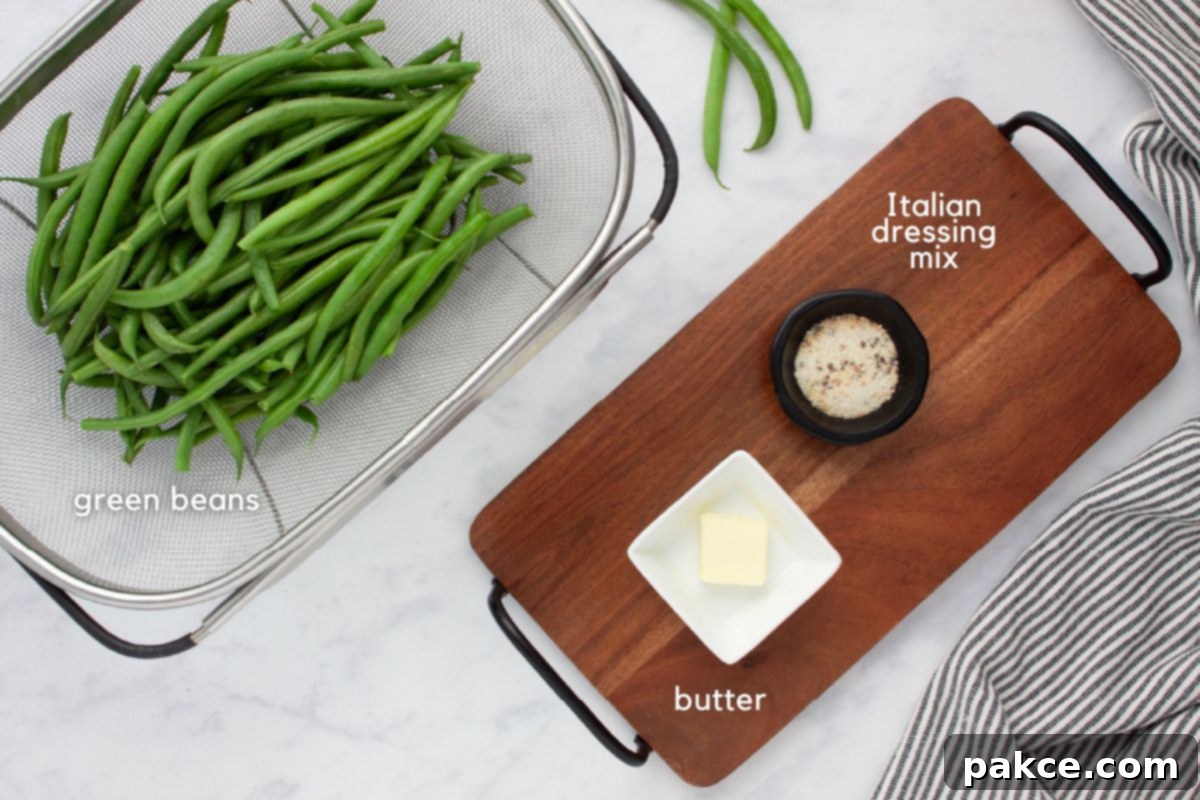 Flavorful Green Beans 2 Ingredients for Seasoned Green beans: Fresh green beans, butter, and Italian dressing mix.