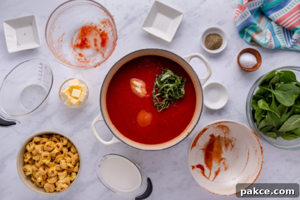 Adding fresh basil to a simmering pot of Tomato Spinach Tortellini Soup