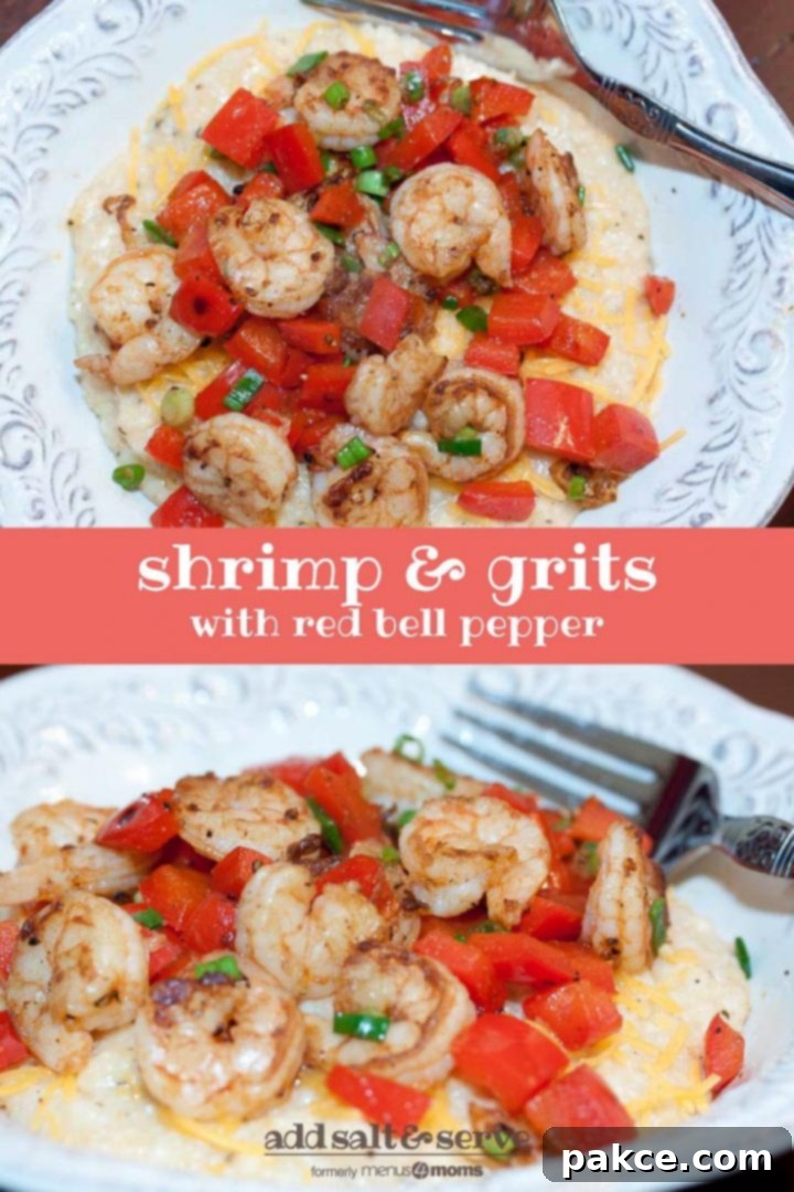 Shrimp and Grits Top photo is an overhead shot of hrimp, diced tomatoes, and shredded cheddar cheese on grits, on a white plate with a fork. Bottom photo is a side view of the same plate of food. Text Shrimp & Grits with Red Bell Pepper Add Salt & Serve formerly menus4moms