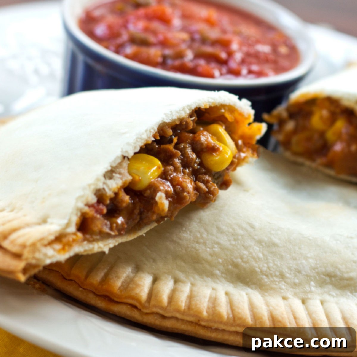 Corn and ground beef empanadas with salsa