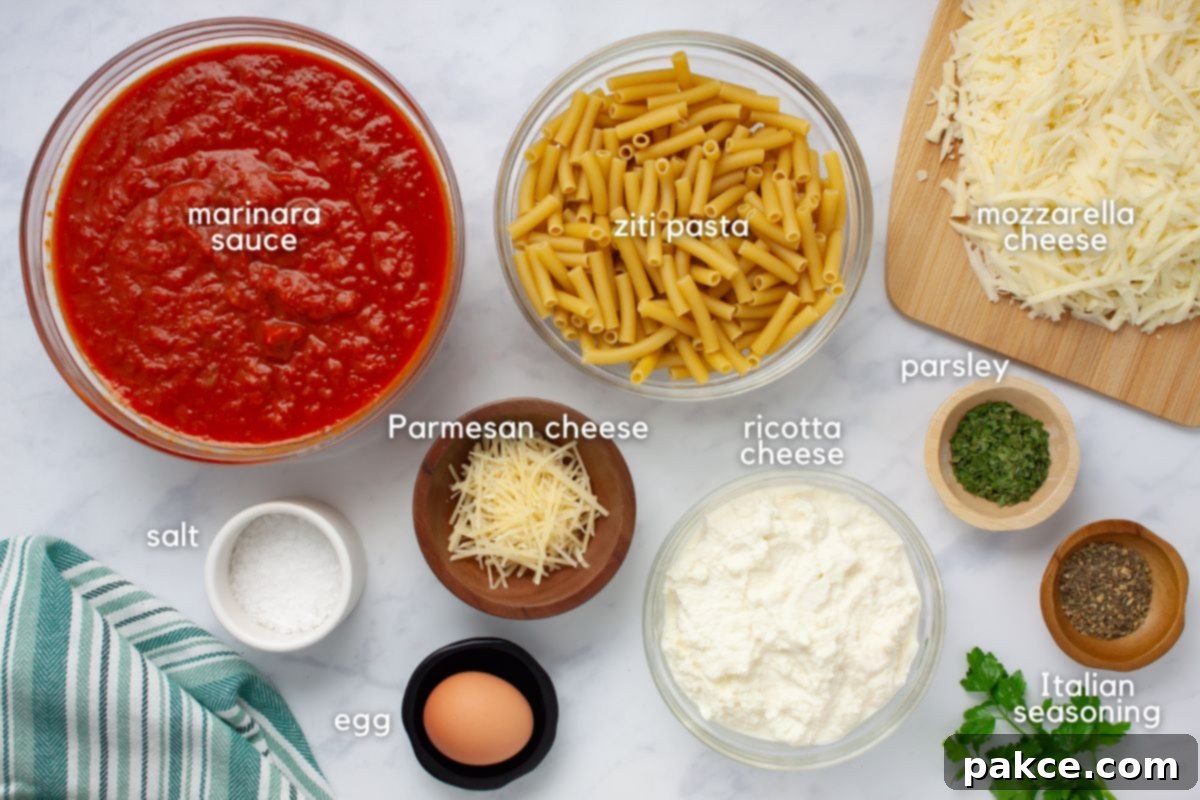 Classic Cheesy Meatless Baked Ziti 3 Ingredients for Cheesy meatless Baked Ziti: marinara sauce, ziti pasta, mozzarella cheese, Parmesan cheese, ricotta cheese, parsley, Italian seasoning, an egg, and salt.