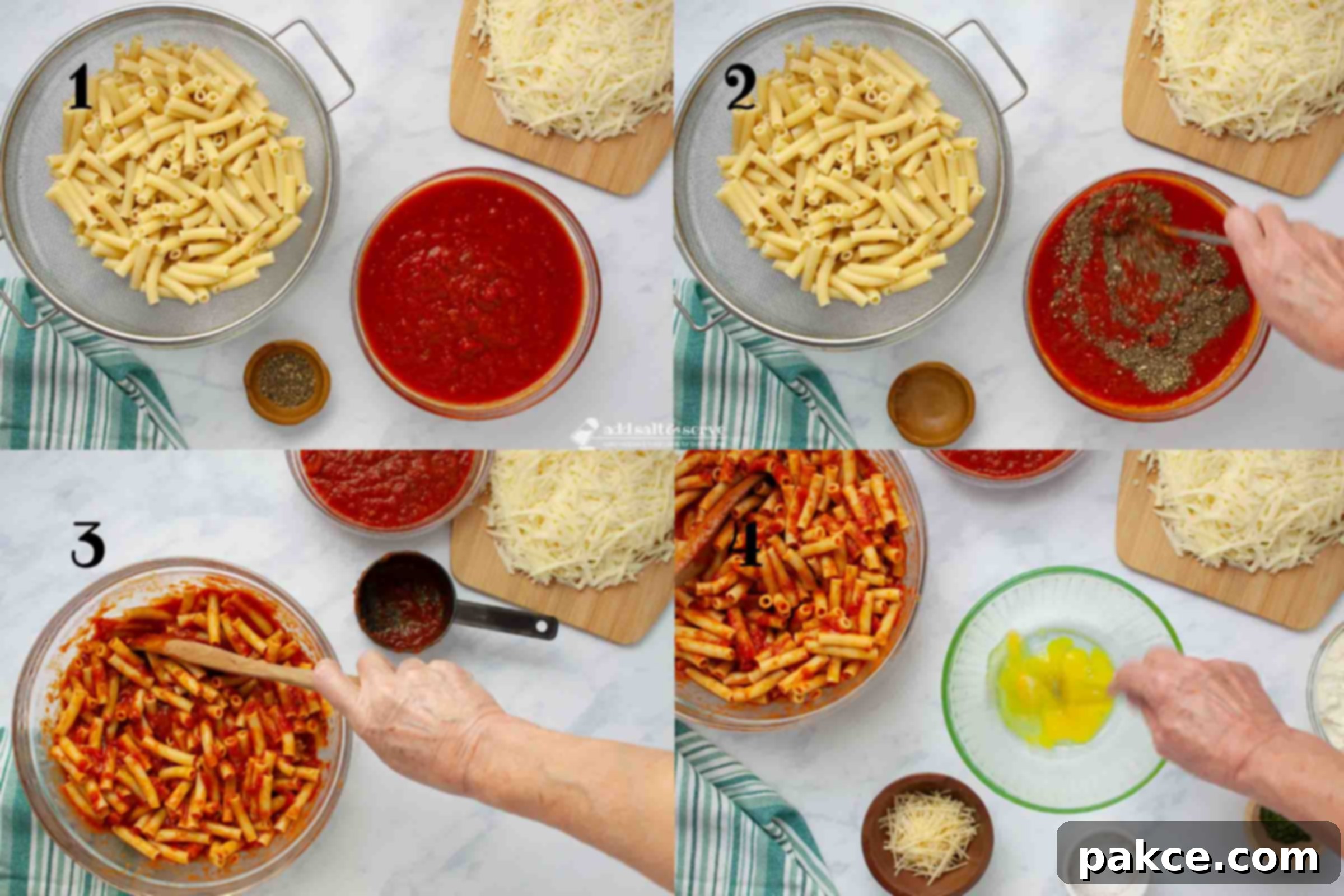 Classic Cheesy Meatless Baked Ziti 4 Composite image showing how to make baked ziti: 1 - cook the ziti, 2 - mix the Italian seasoning in with the marinara sauce, 3 - combine the cooked zitit and the seasoned marinara sauce, 4- beat the egg in a medium bowl.