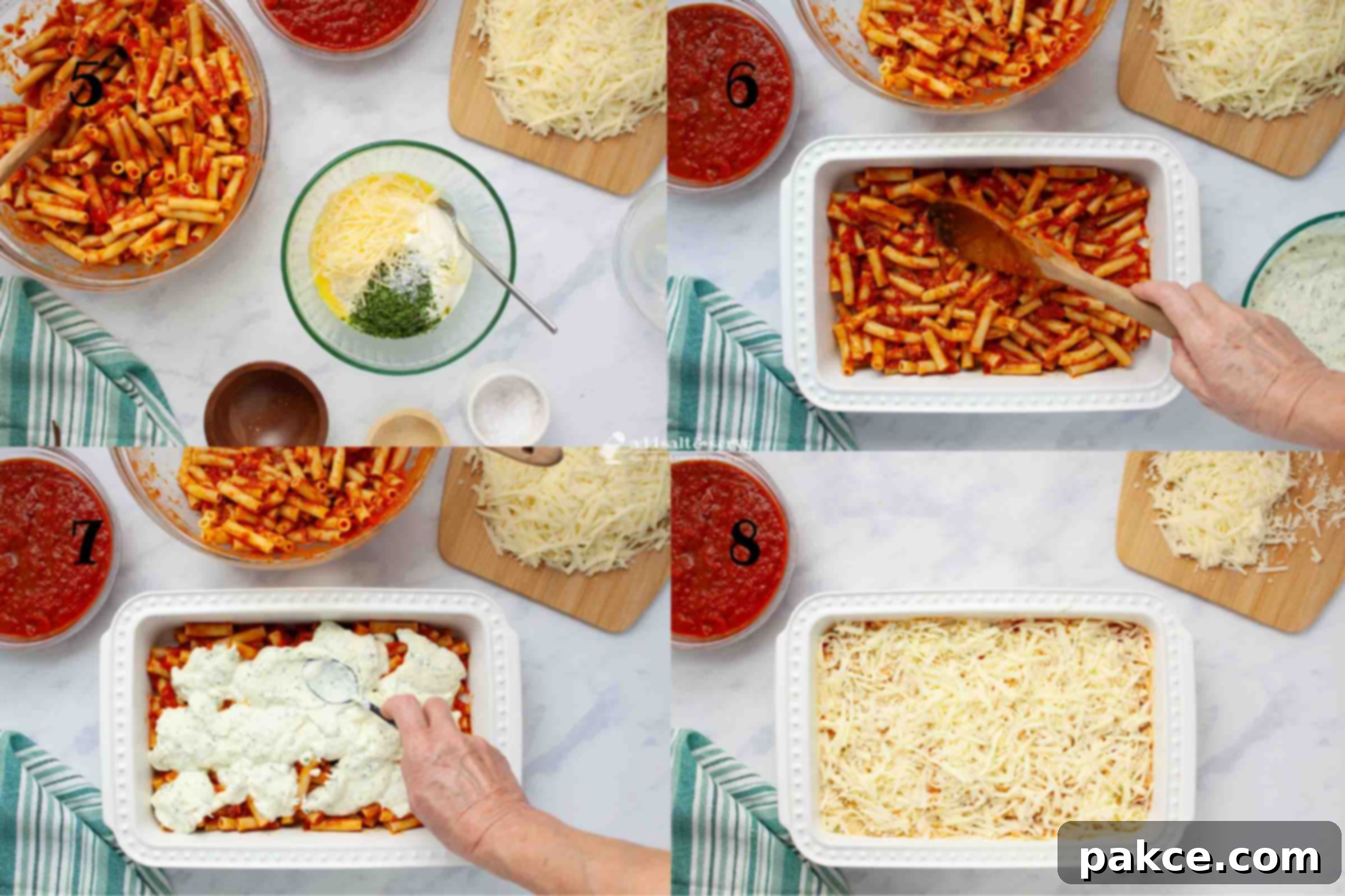 Classic Cheesy Meatless Baked Ziti 5 Composite image showing how to make baked ziti: 5 - combine the beaten egg, ricotta cheese, Parmesan cheese, parsley, and salt, 6 - spread half the ziti and marinara in the baking pan, 7 - spoon the egg mixture over the ziti and marinara, 8 - sprinkle mozzarella over the egg mixture.