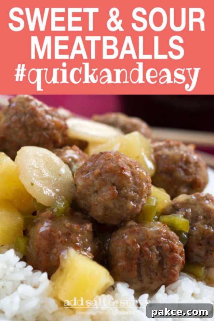 Meatballs, water chestnuts, and pineapple chunks in sauce over white rice, text Sweet and Sour Meatballs #quickandeasy