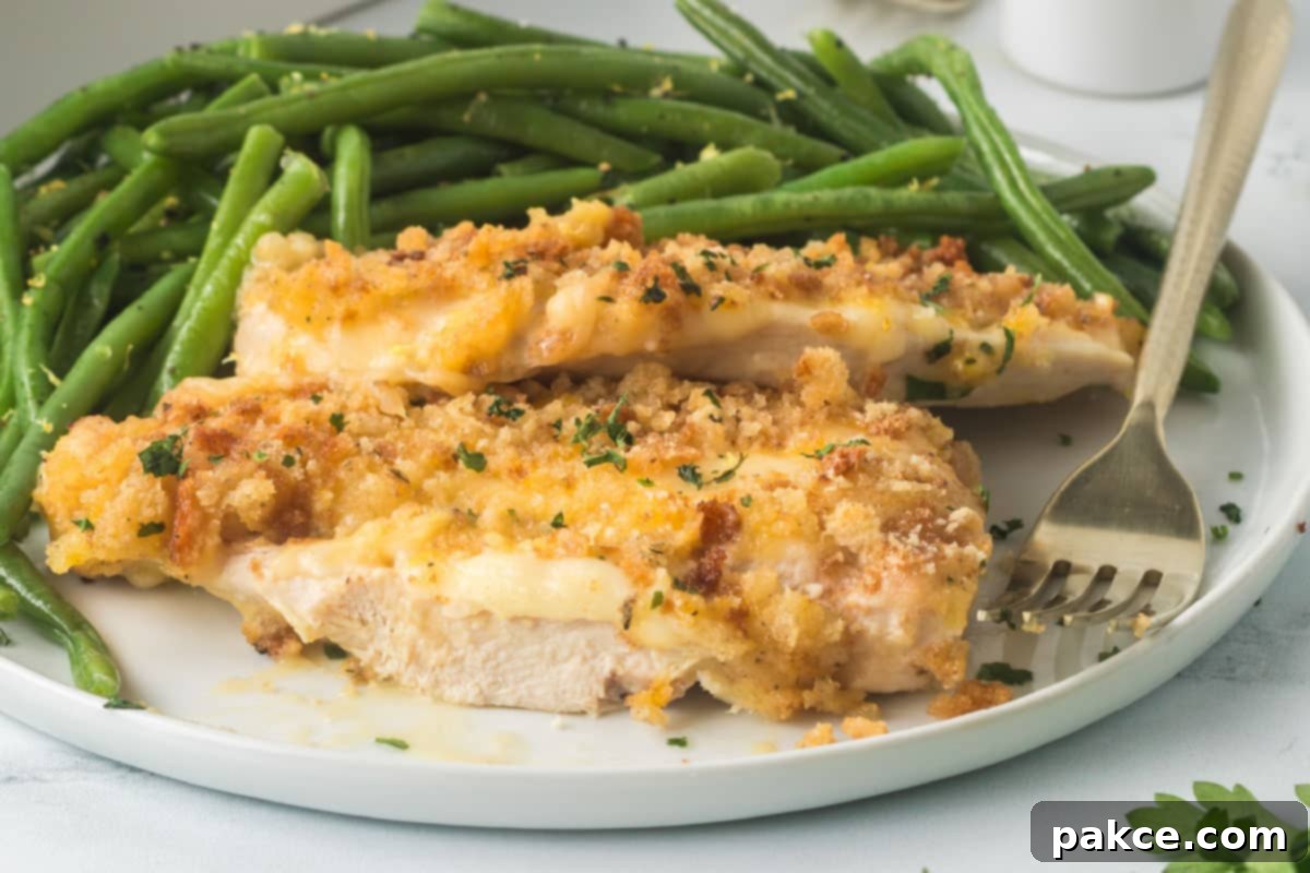 Plated Swiss Chicken with seasoned green beans.