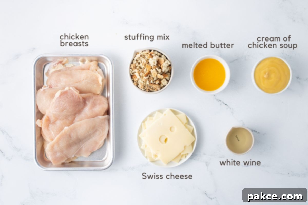 Baked Swiss Chicken with White Wine 3 Ingredients for Swiss Chicken: chicken breasts, stuffing mix, Swiss cheese, white wine, cream of chicken soup, and melted butter.