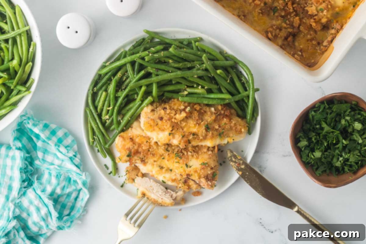 Baked Swiss Chicken with White Wine 10 Baked Swiss Chicken plated with seasoned green beans and a forkful of Swiss chicken propped on the plate.