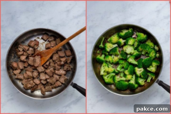 Leftover Steak Beef and Broccoli Makeover 4 Composite image showing coated leftover steak stir-frying in a skillet and then broccoli florets being stir-fried in the same skillet after the steak has been removed.