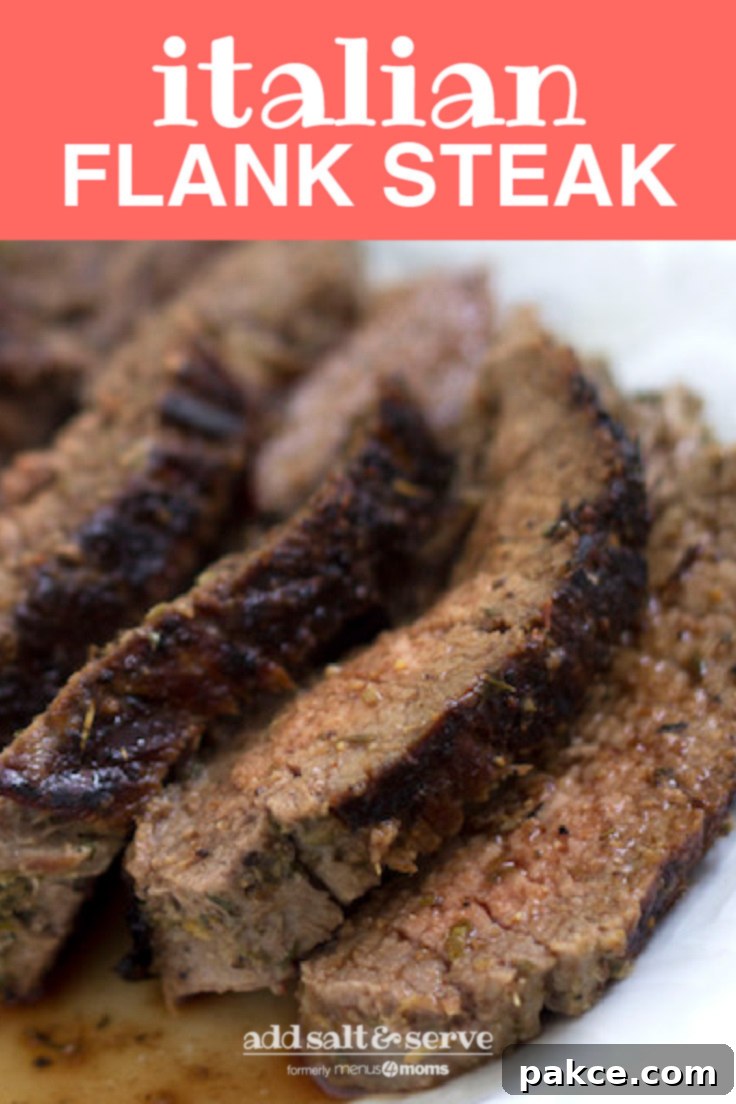 Visual guide for Italian Flank Steak recipe, showing marinated and grilled steak slices with juices and text 'Italian Flank Steak - Easy Weeknight Dinner'