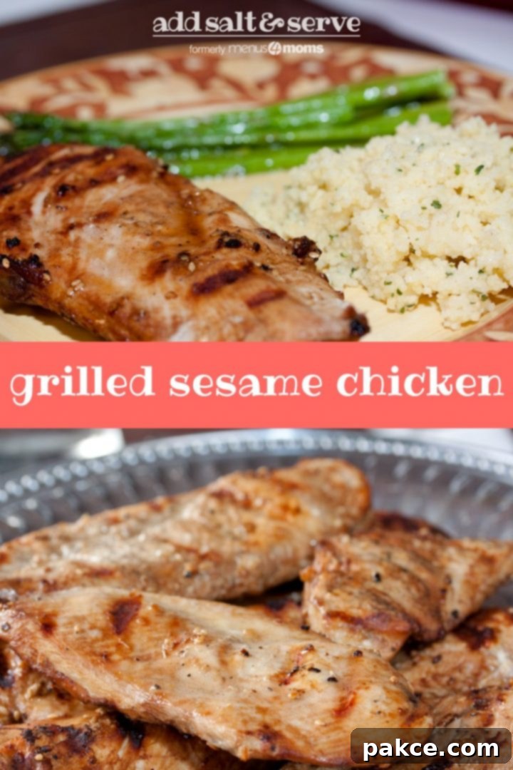 Composite image with Grilled boneless skinless chicken breasts with a sesame marinade brushed on them and served on a Armetale platter on bottom and a plate with one of the chicken breasts served with couscous and asparagus; text Grilled Sesame Chicken Add Salt & Serve