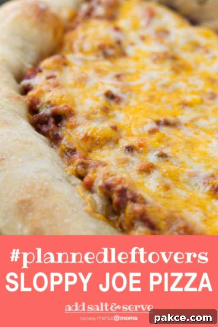 Side view of a whole pizza with sloppy joe sauce covered with colby-jack cheese on a thick crust and text Sloppy Joe Pizza #plannedleftovers Add Salt & Serve
