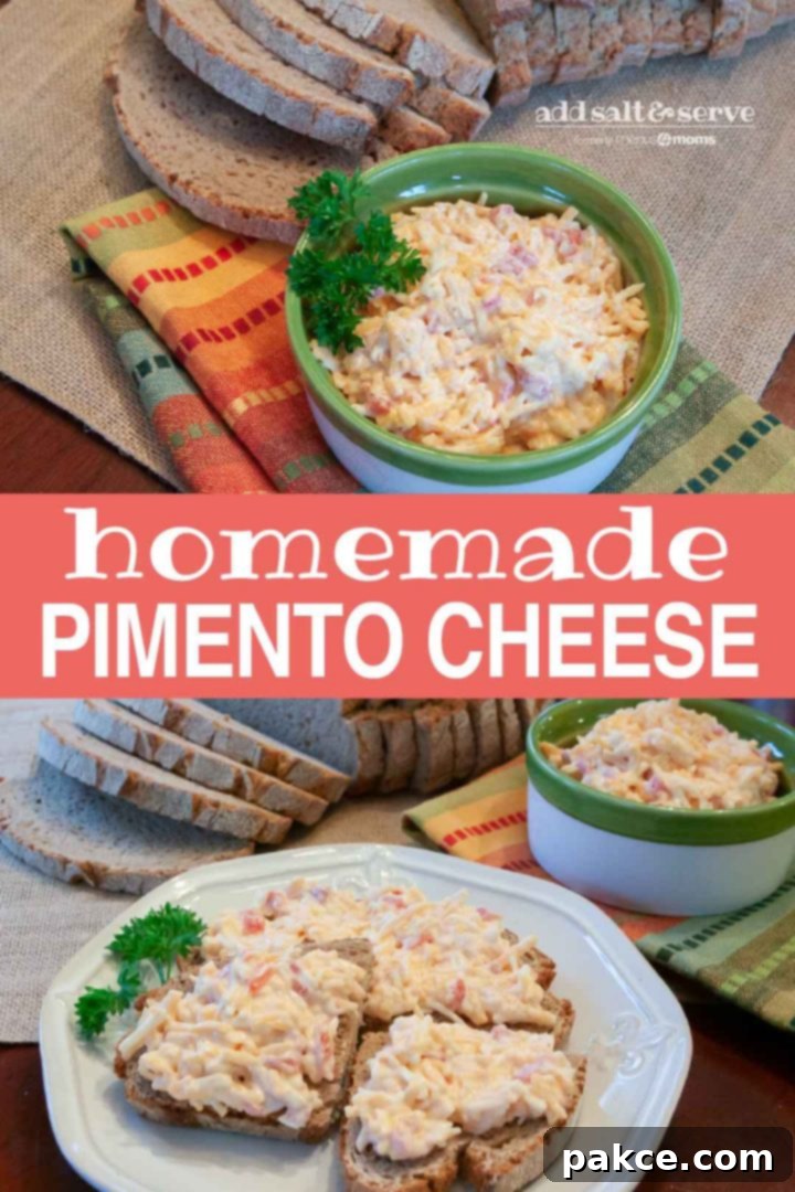 The Best Homemade Pimento Cheese 3 Top photo is Homemade Pimento Cheese in a green and white bowl, garnished with a sprig of parsley. There is an unpackaged loaf of sliced bread at the top of the photo. Bottom photo is slices of bread topped with pimento cheese, on a white plate. A sliced loaf of bread is in the background on the left. The bread is on a gray woven placemat. A green and white bowl full of pimento cheese is in the background on the right. The bowl is on a green, orange, yellow, and blue striped linen napkin. Text Add Salt & Serve formerly Menus4Moms Homemade Pimento Cheese
