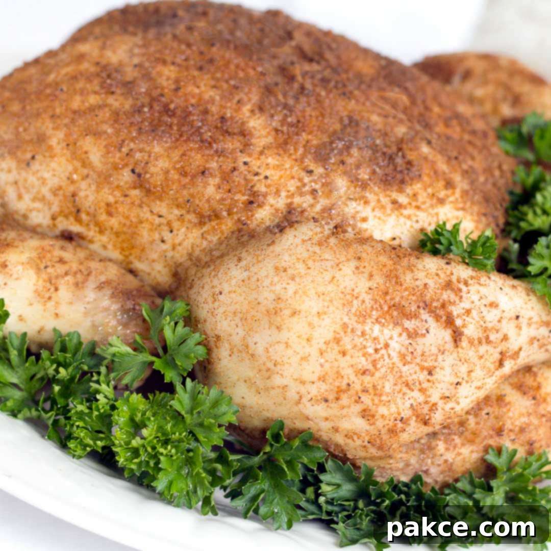 A whole cooked chicken, glazed with a sticky, golden-brown sauce, resting on a white plate and garnished with fresh parsley. The skin is crispy and caramelized, showcasing the delicious 'sticky' texture.