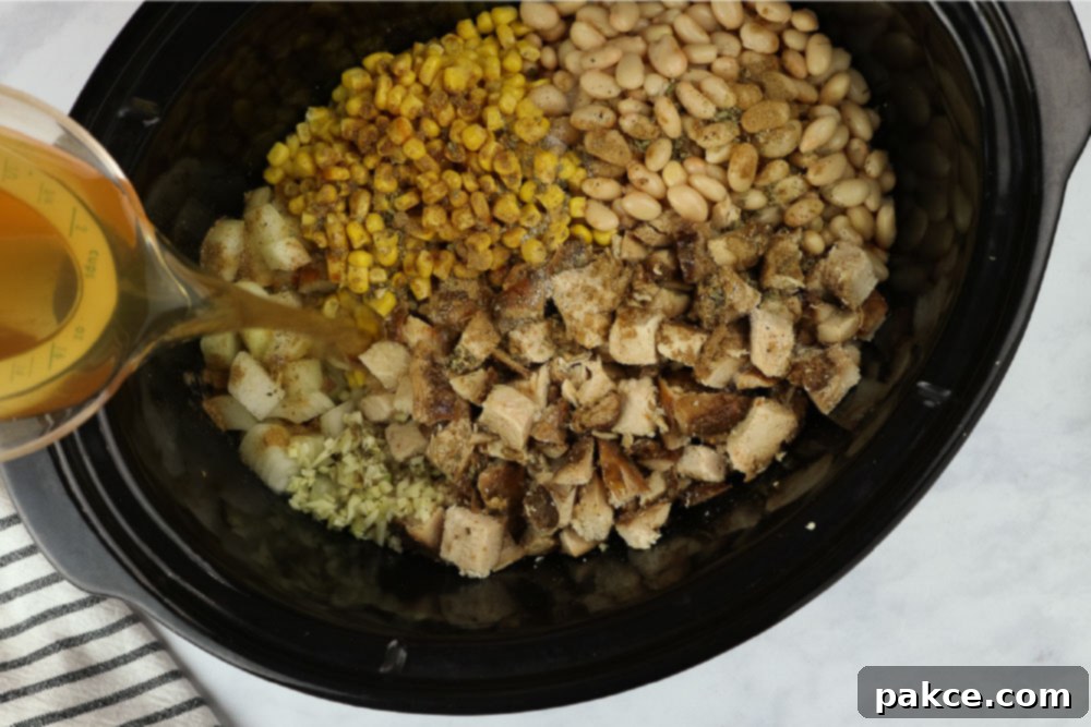 white chicken chili ingredients in slow cooker