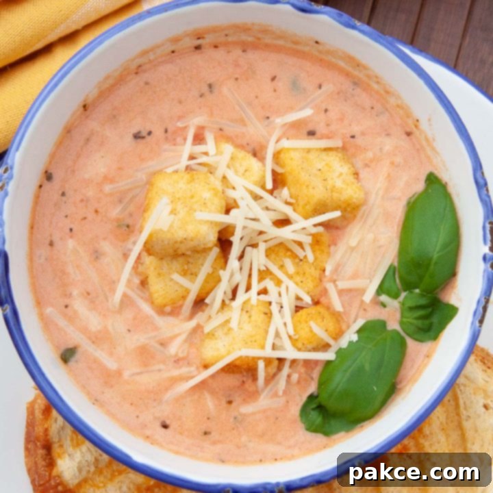 Creamy Tomato Basil Soup served with grilled cheese sandwiches, garnished with fresh basil and a swirl of cream.