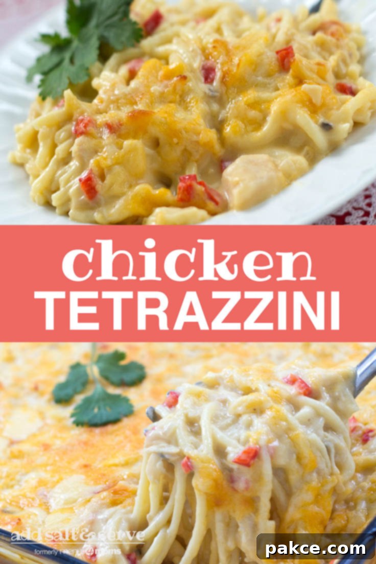 Top photo is Chicken Tetrazzini on a white plate. Bottom photo is Chicken Tetrazzini in a casserole dish. Text Chicken Tetrazzini Add Salt & Serve formerly Menus4Moms